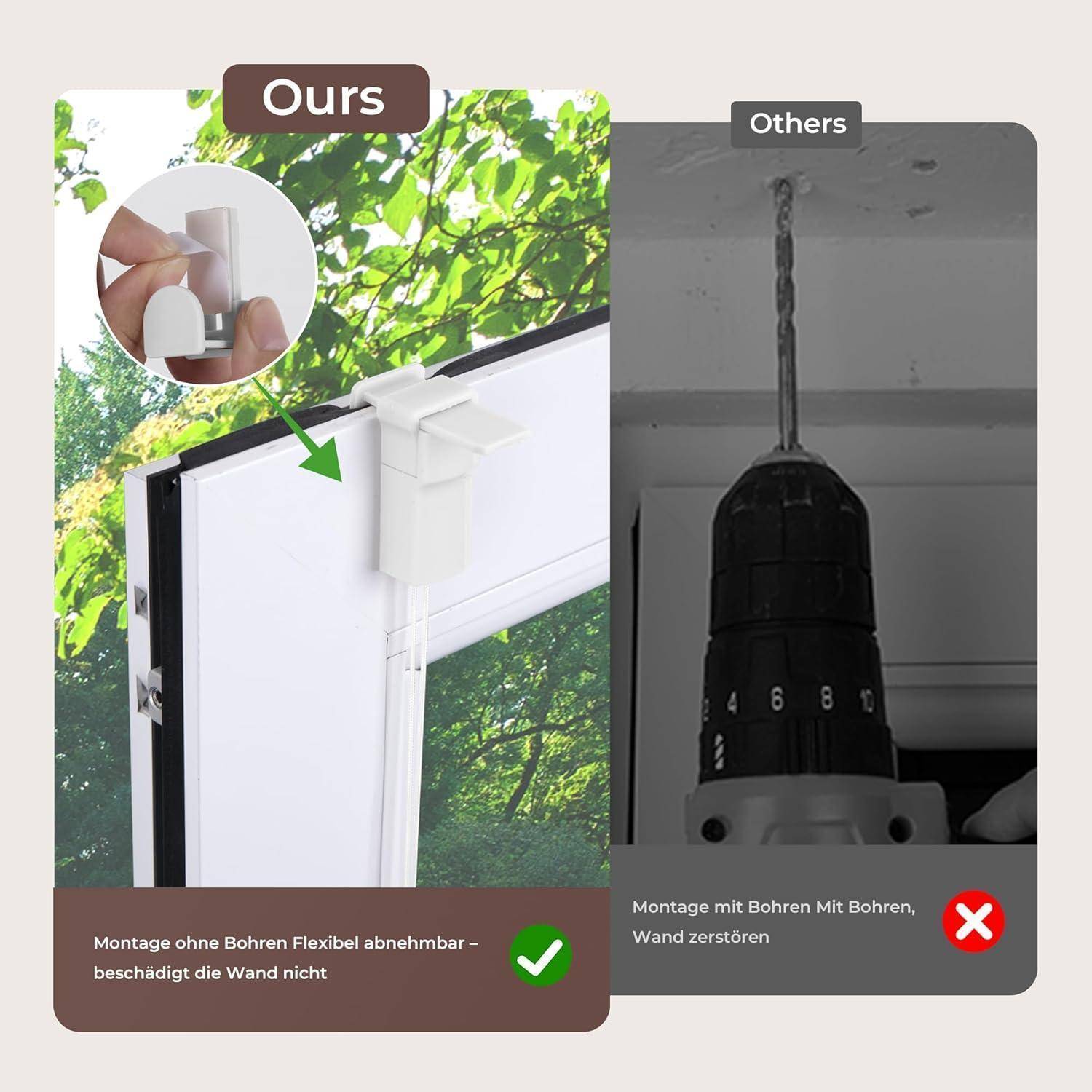 Vergleich von zwei Vorhangroststationen: Links zeigt eine Clip-On-Methode ohne Beschädigung; rechts zeigt eine Bohrung mit Beschädigung und einem roten 'X'.