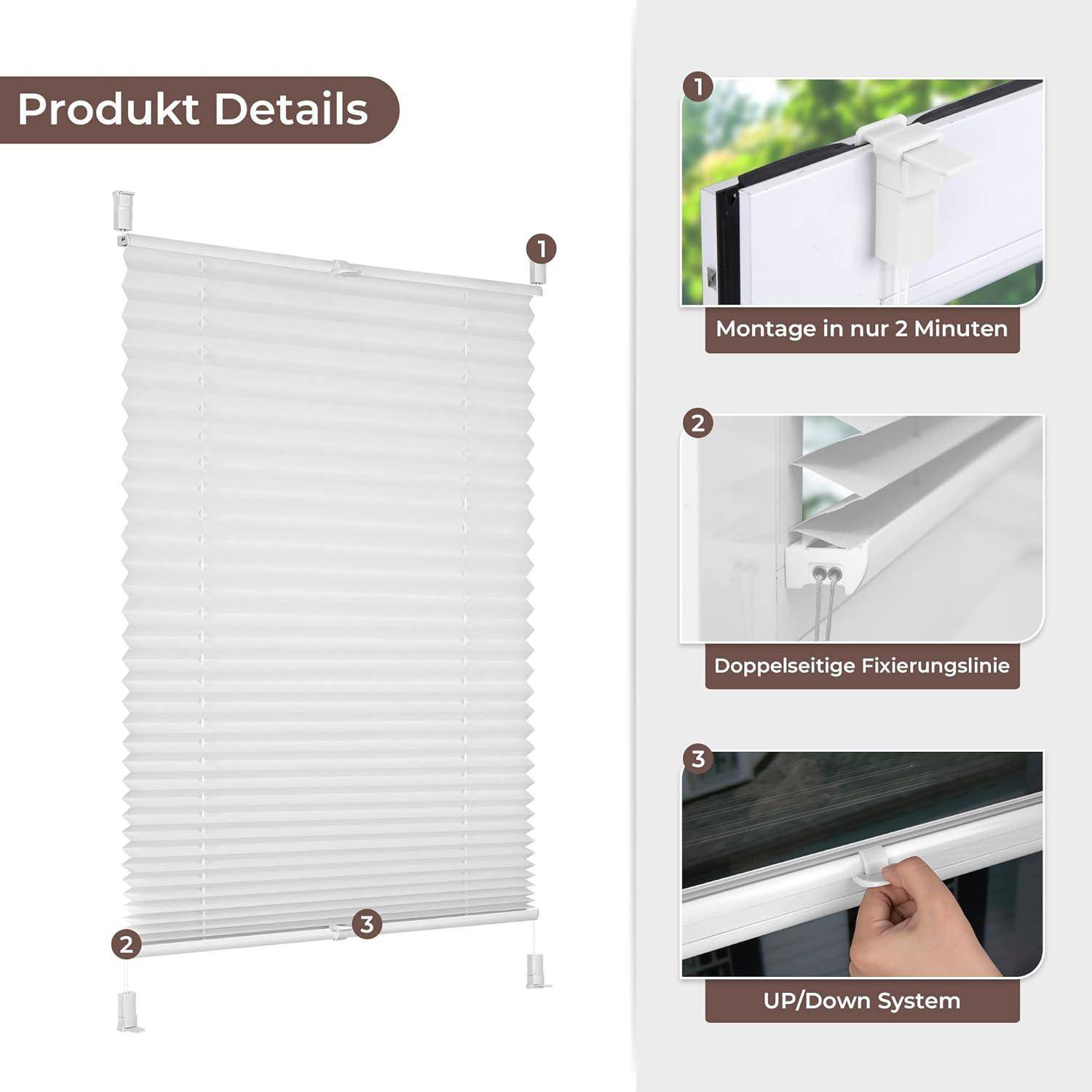Plissee mit drei Installationsmerkmalen: 'Montage in nur 2 Minuten', 'Doppelseitige Fixierungslinie' und 'Auf/Ab System'.
