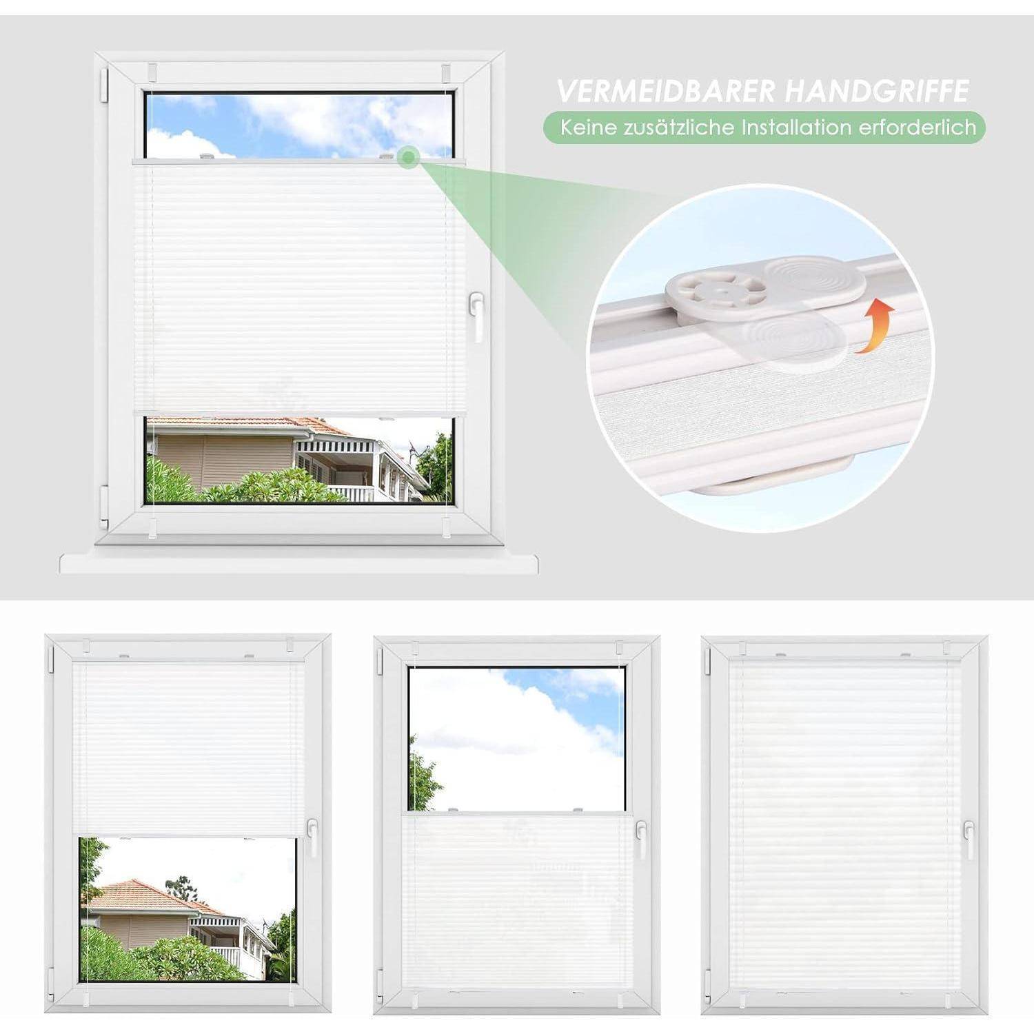 Ein Fenster mit einem weißen, verstellbaren Rollo, der teilweise geöffnet ist und einen Blick auf Häuser freigibt. Eine Einblendung zeigt einen werkzeugfreien Griff für einfache Verstellung.