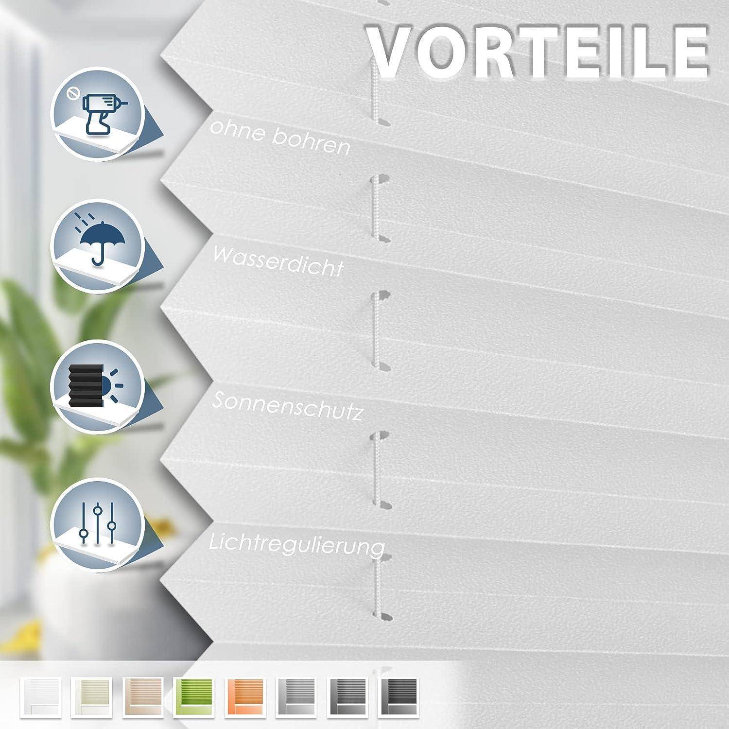 Rollos werben mit 'Vorteilen' durch Symbole: keine Bohrlöcher, wasserdicht, Sonnenschutz, Lichtregulierung; Eigenschaften werden mit passenden Visualisierungen dargestellt.