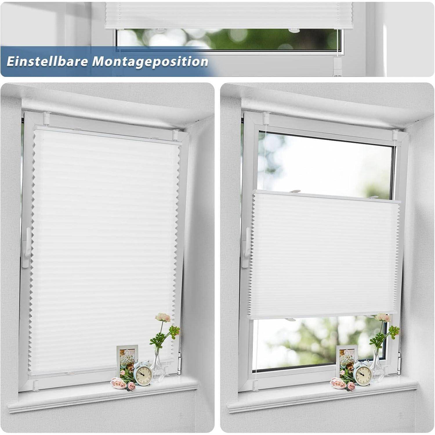 Zwei Fenster mit weißen Jalousien, die verschiedene Stellungen zeigen; die linke Jalousie verdeckt das gesamte Fenster, die rechte Jalousie ist zur Hälfte heruntergelassen.