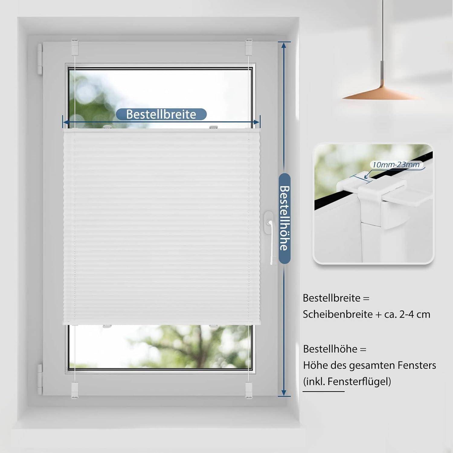 Fenster mit eingebautem Rollo. Beschriftungen zeigen 'Bestellbreite' für die Breite und 'Bestellhöhe' für die Höhe mit zusätzlichen Maßangaben zur Bestellung.