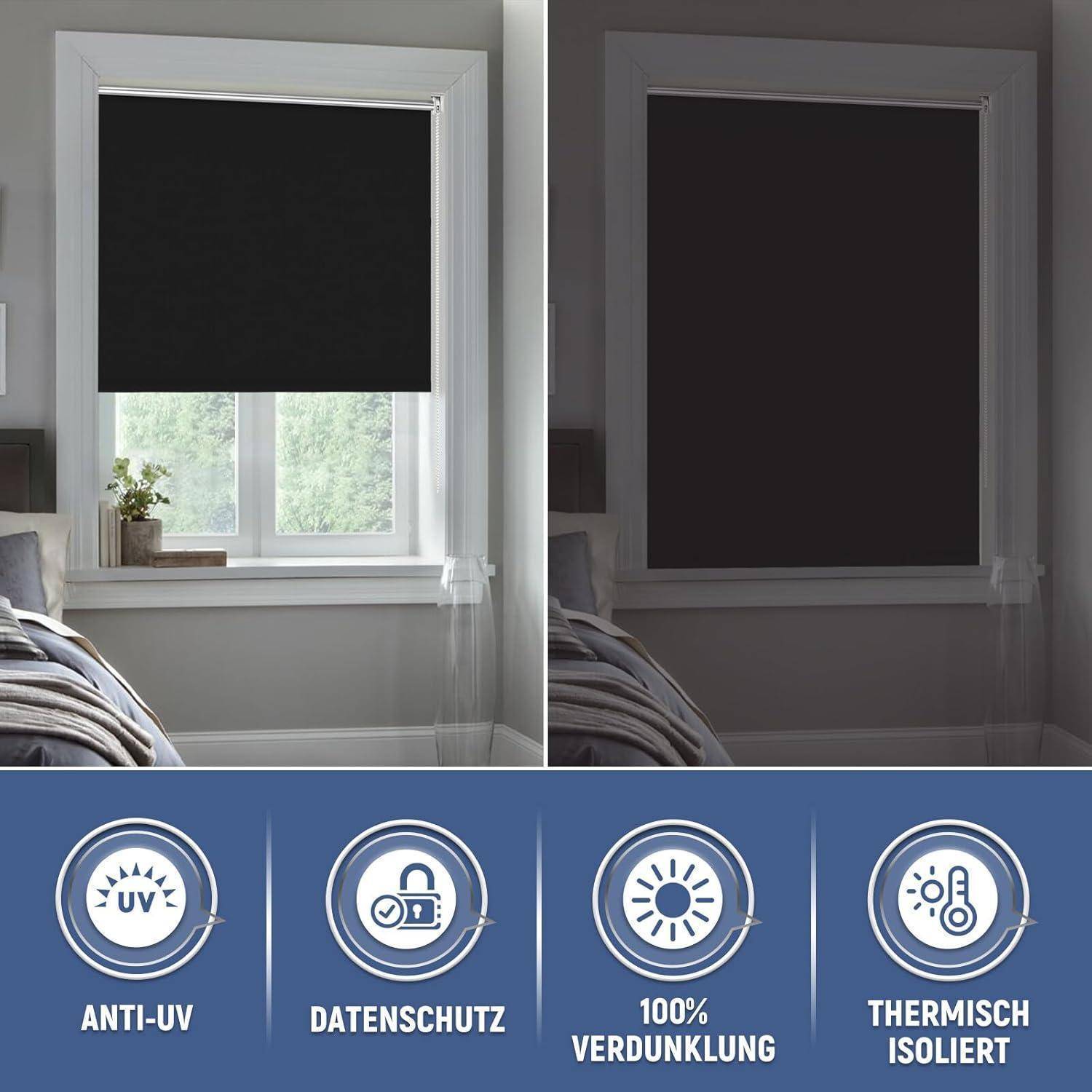 Fenster mit zwei Rollos: Links ist das Rollo teilweise heruntergelassen und lässt Licht durchscheinen, rechts ist es vollständig geschlossen und blockiert das Licht. Symbole unten zeigen Eigenschaften: UV-Schutz, Privatsphäre, Verdunkelung, Wärmedämmung.