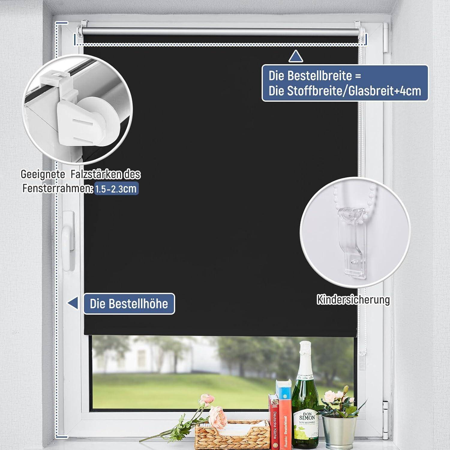Ein Fenster mit einer schwarzen Rollleinwand. Eingesetzte Bilder zeigen einen Kettenzug und ein Montageelement. Textnotizen zur Bestellbreite und Kindersicherheit.