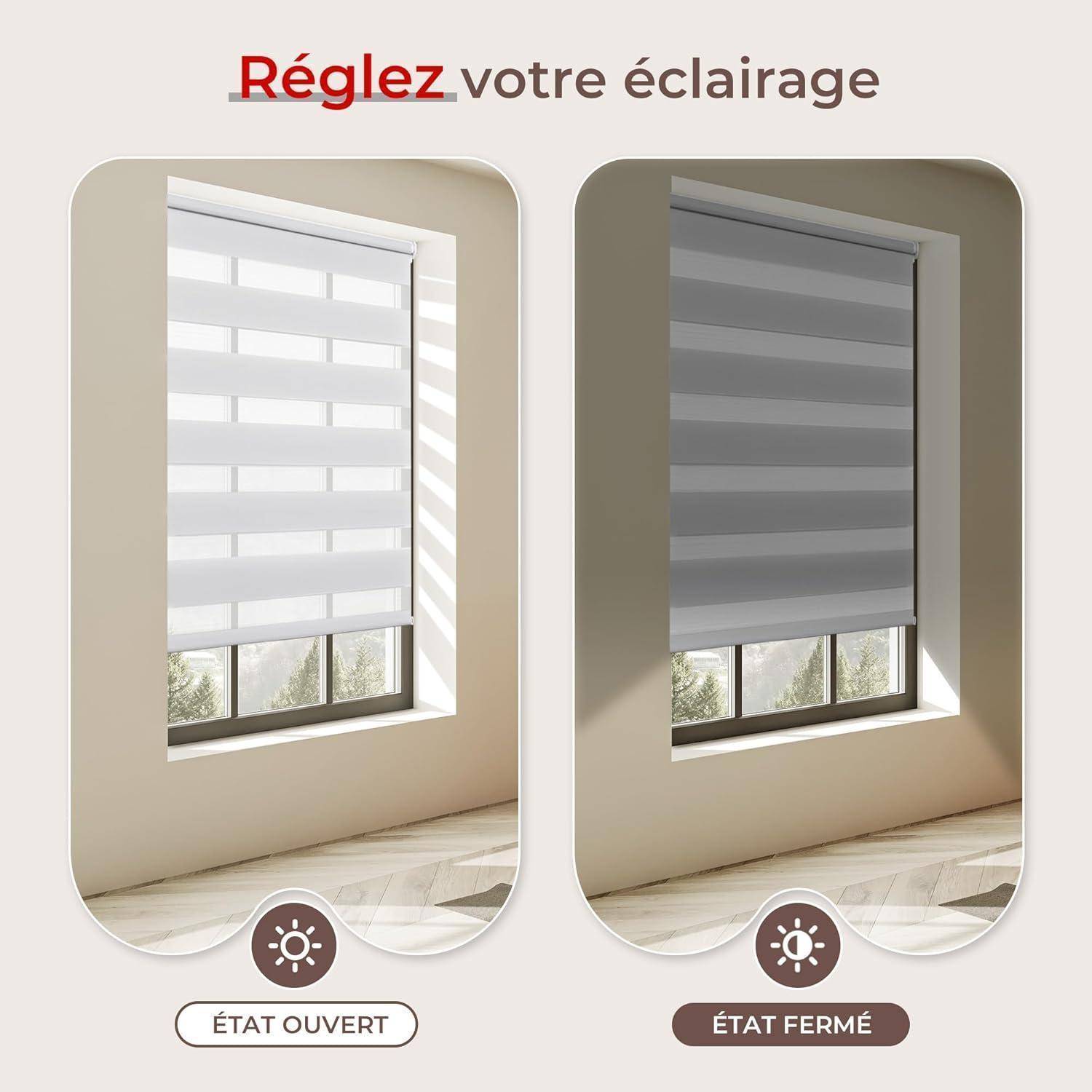 Zwei Bilder eines Fensters mit Jalousien. Links: Jalousien geöffnet, Raum hell. Rechts: Jalousien geschlossen, Raum dunkel. Text darüber liest: 