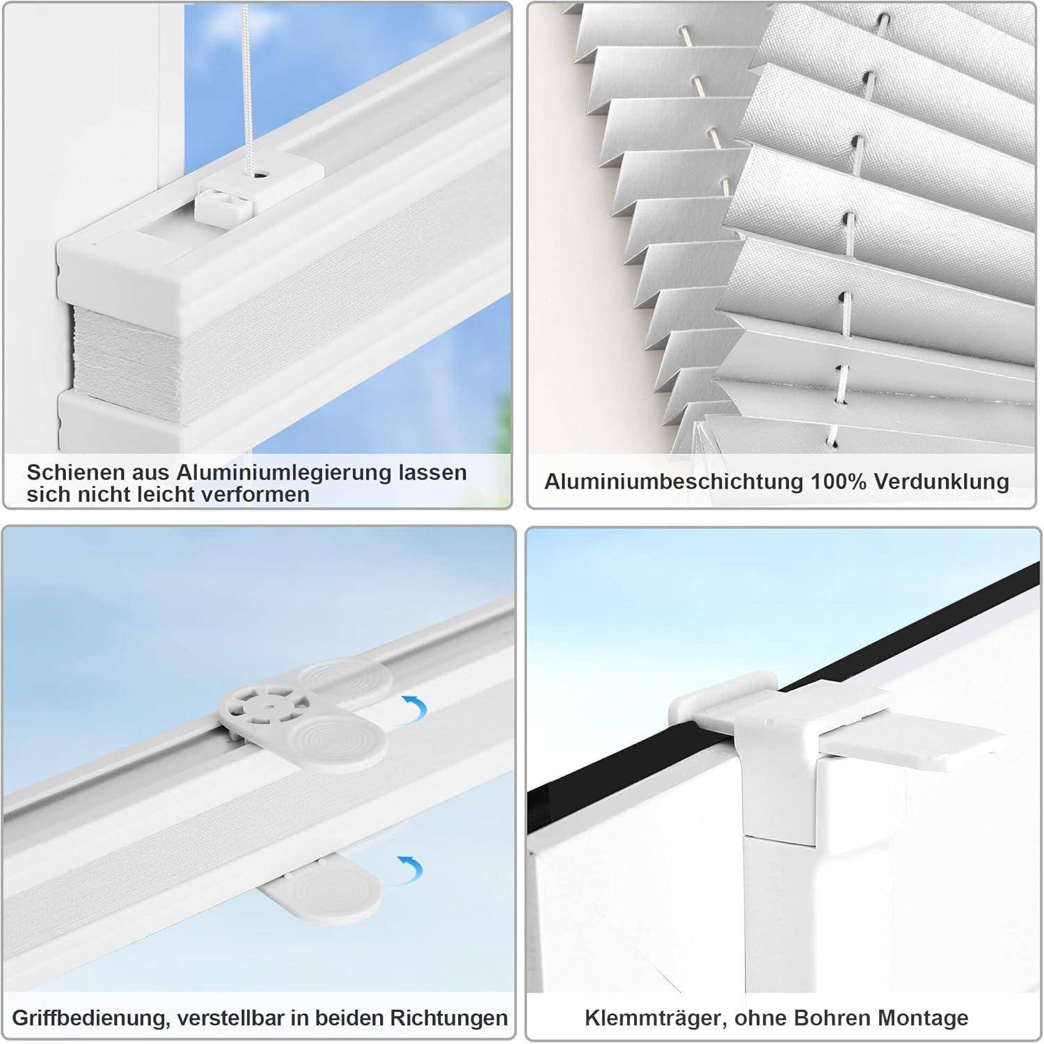 Das Bild zeigt Komponenten und Merkmale eines Jalousiesystems: Aluminiumschiene, 100% Verdunkelungsbeschichtung, verstellbarer Griff, bohrerlose Montageklammern.