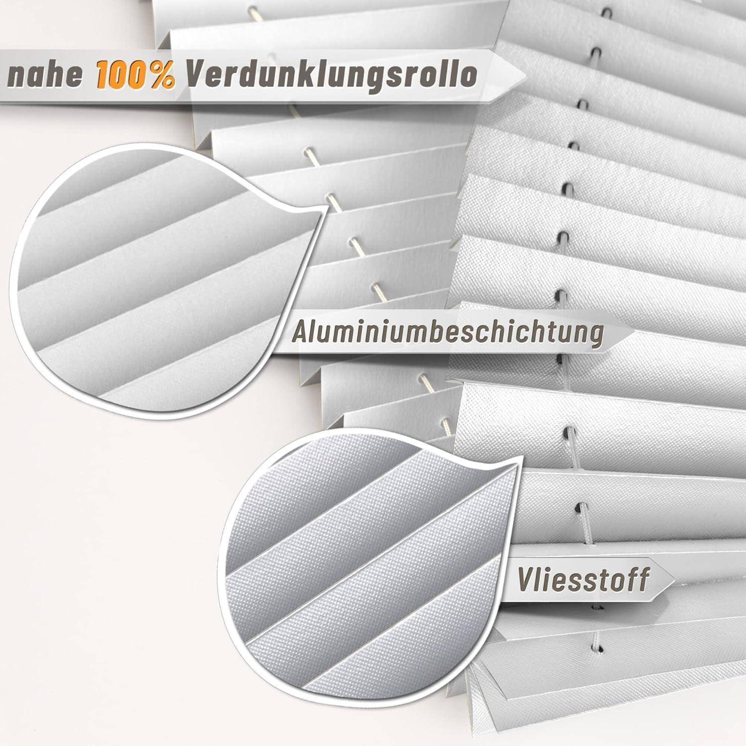 Weiße Fensterjalousien mit einer Detailaufnahme von zwei Gewebetexturen: 'Aluminiumbeschichtung' und 'Vliesstoff'.