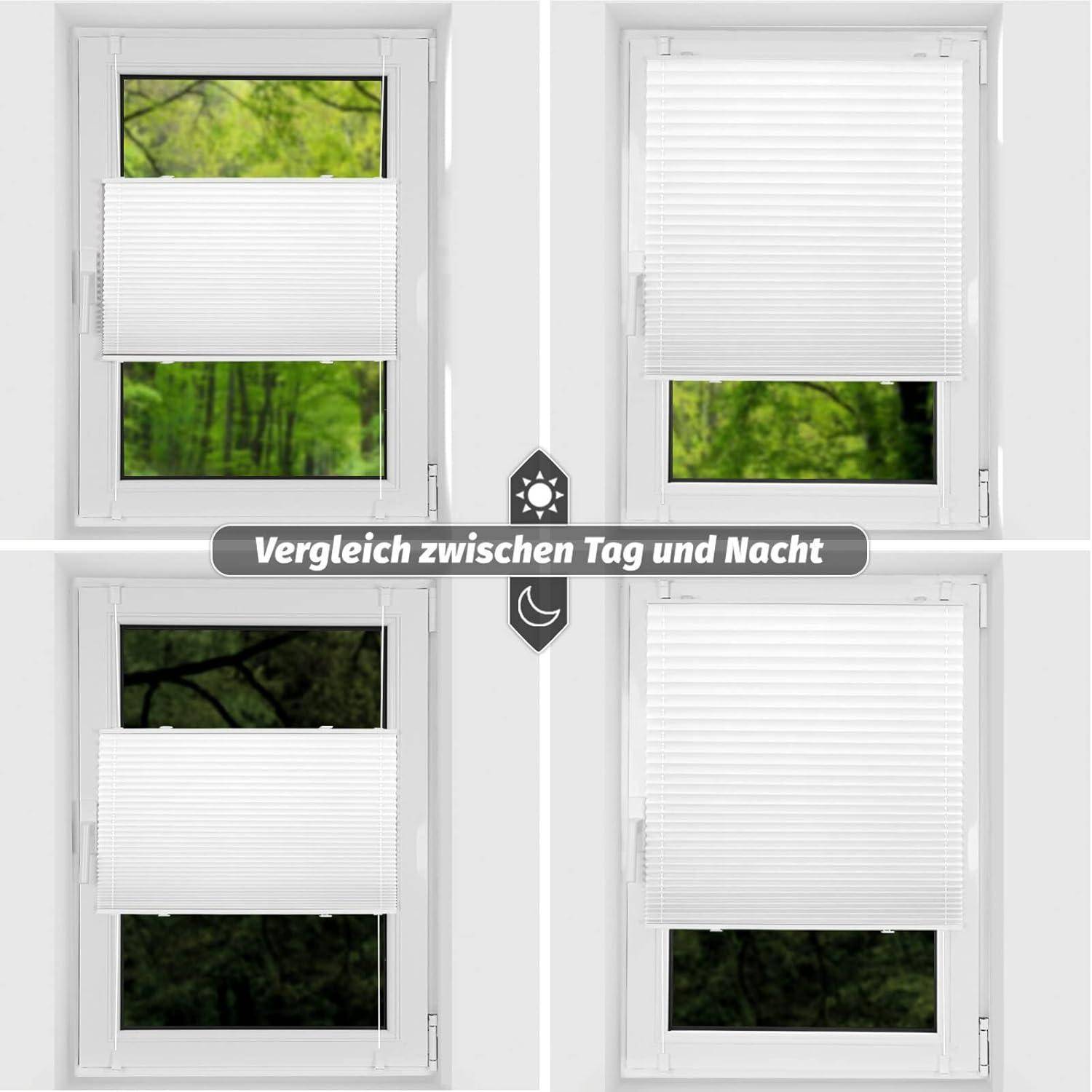 Vier Fenster mit weißen Jalousien: Die oberen zwei zeigen Tageslicht mit grünen Bäumen draußen, die unteren zwei zeigen nächtliche Dunkelheit. Text lautet 
