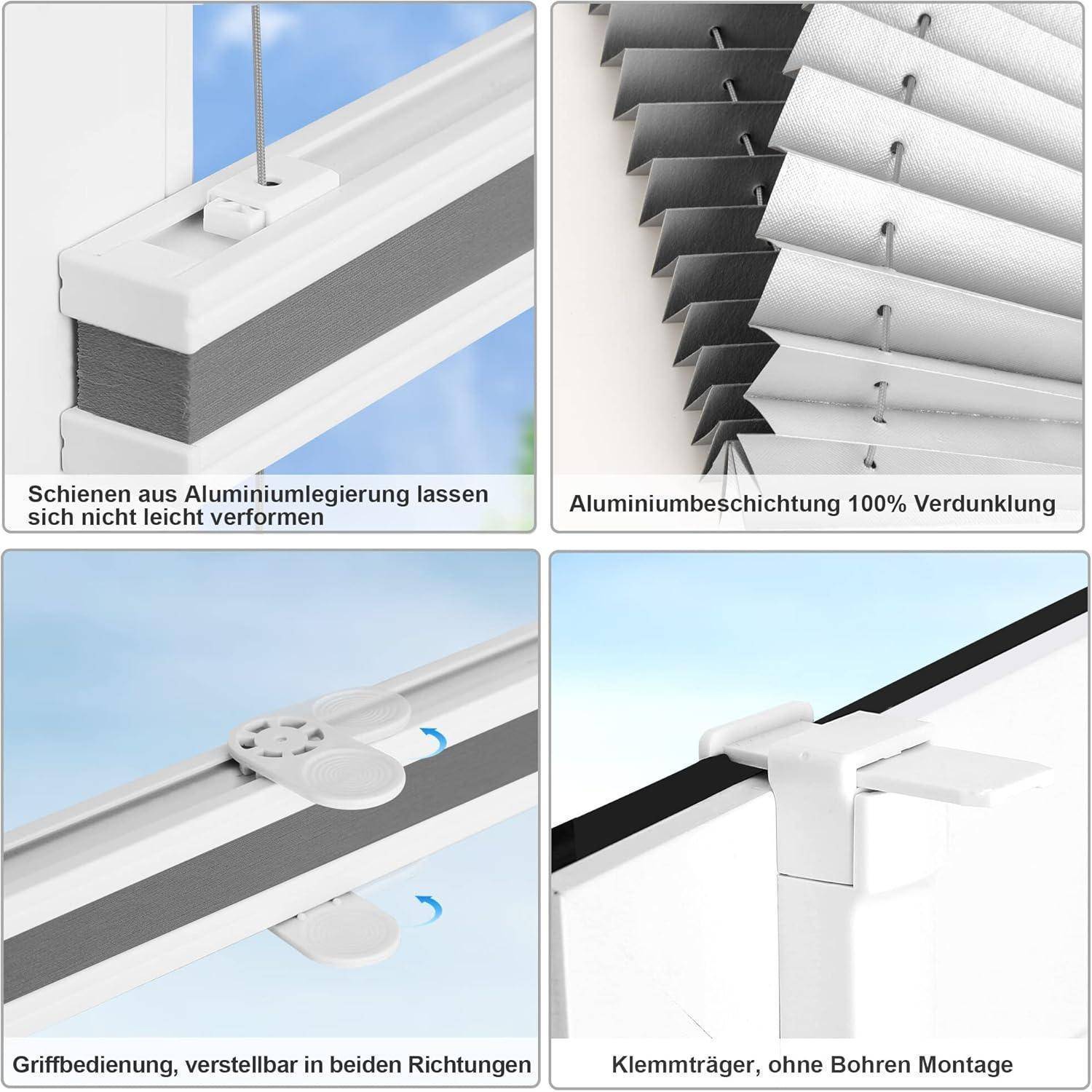 Das Bild zeigt Komponenten eines Jalousiesystems. Oben links: Aluminiumschienen verhindern Verformung. Oben rechts: Aluminiumüberzug garantiert 100% Verdunkelung. Unten links: Griffbedienung, in beide Richtungen verstellbar. Unten rechts: Klemmhalterung, keine Bohrlöcher erforderlich.