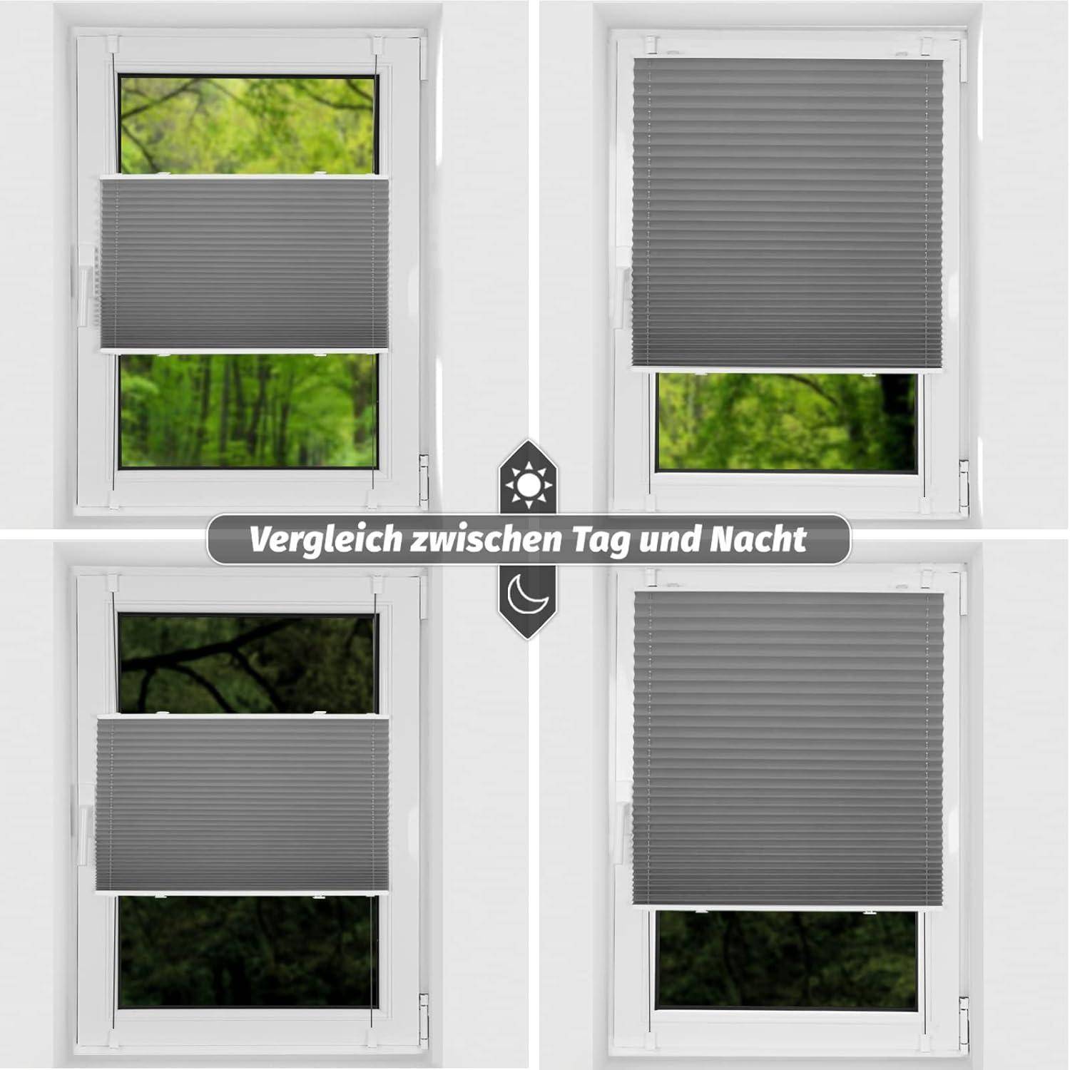 Vergleich von Jalousien mit Unterschieden in der Lichtregulierung: Obere Bilder mit teilweise heruntergelassenen Jalousien bei Tag und Nacht, untere Bilder mit vollständig heruntergelassenen Jalousien bei Tag und Nacht.