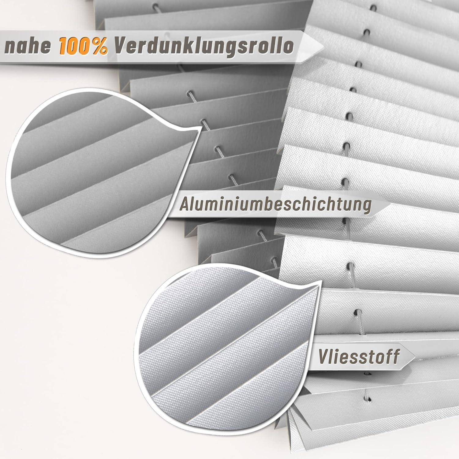Nahaufnahme eines Fenstervorhangs mit Aluminiumbeschichtung und Gewebeschichten, versehen mit einem Etikett 'nahe 100% Verdunklungsrollo', was eine nahezu vollständige Verdunkelungsfähigkeit andeutet.