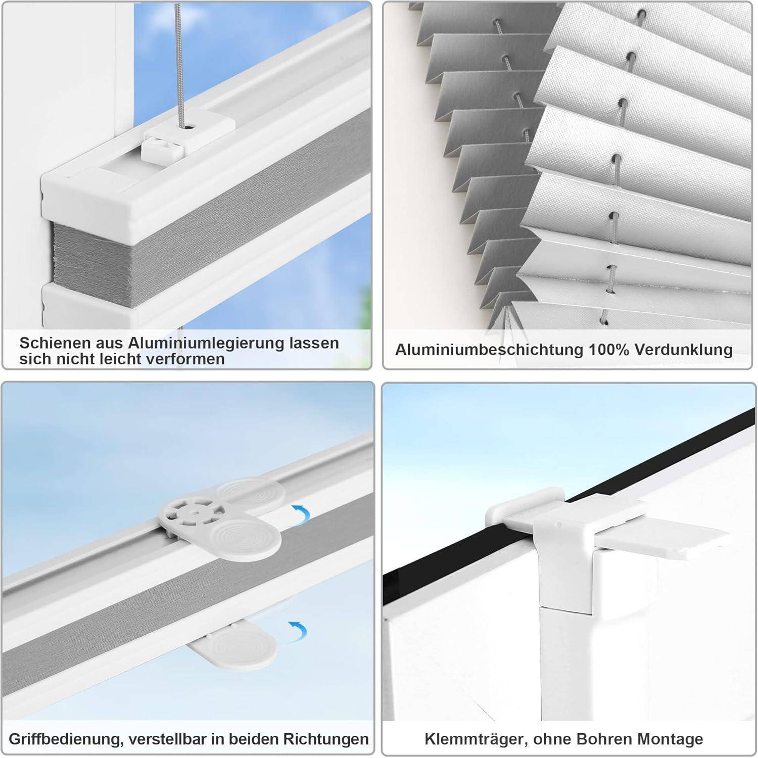 Vier Bilder, die Eigenschaften von Jalousien zeigen: oben links eine robuste Aluminium-Schiene; oben rechts eine vollständige Verdunkelungsbeschichtung; unten links eine verstellbare Griffbedienung; unten rechts eine Klemmhalterung ohne Bohren.