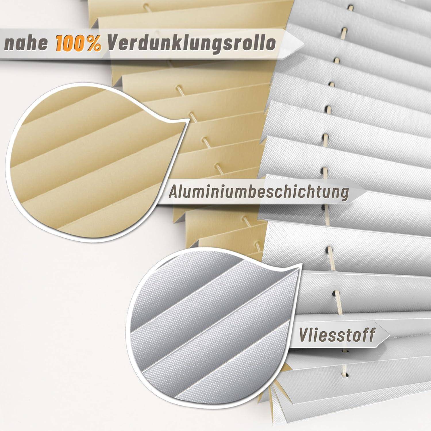 Nahaufnahme von zwei Jalousientexturen, die 'Aluminiumbeschichtung' und 'Vliesstoff' präsentieren, beschrieben als 'nahe 100% Verdunklungsrollo'.