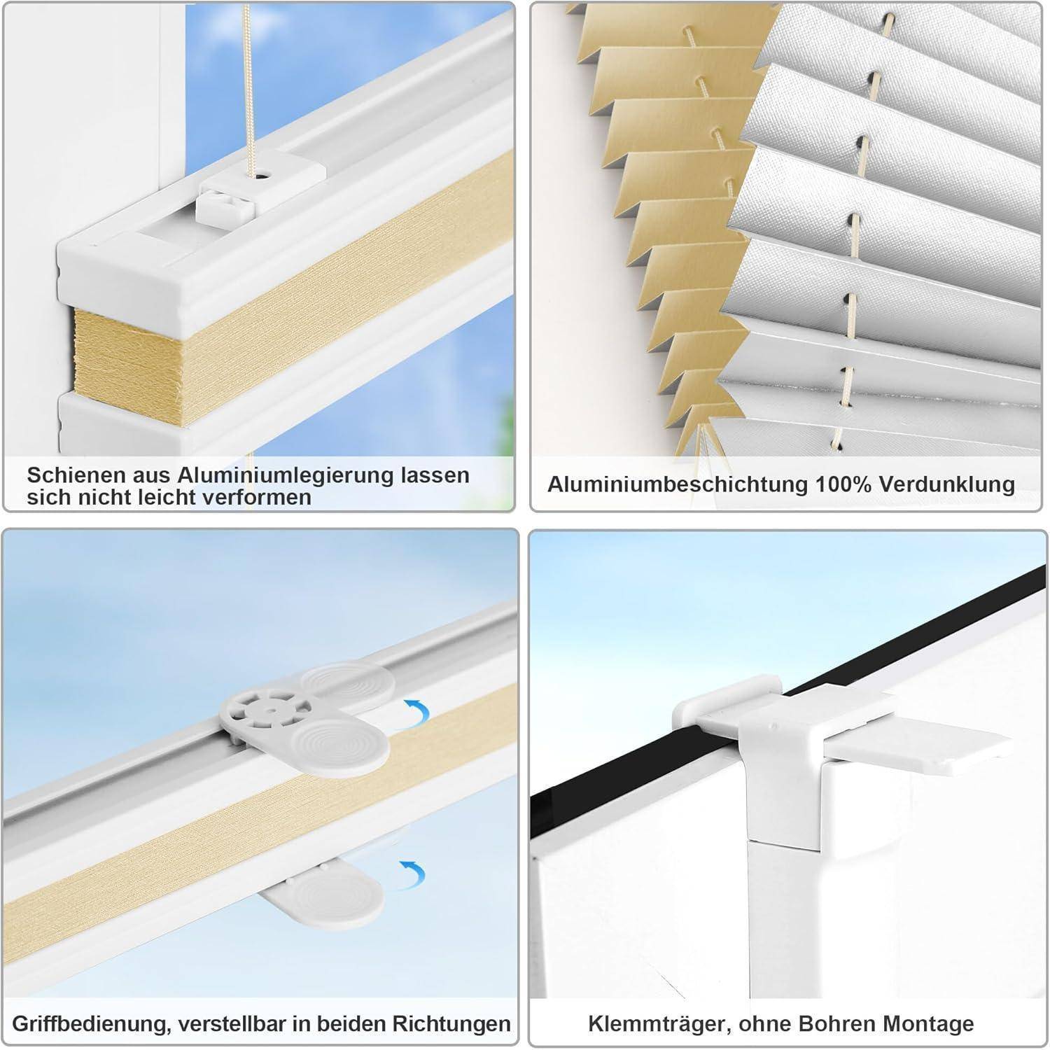 Das Bild zeigt Merkmale eines Jalousievorhangs: Aluminiumlegierung-Schienen widerstehen Verformungen, vollständige Blackout-Aluminiumbeschichtung, verstellbarer Griff, Klemmbefestigung ohne Bohren.