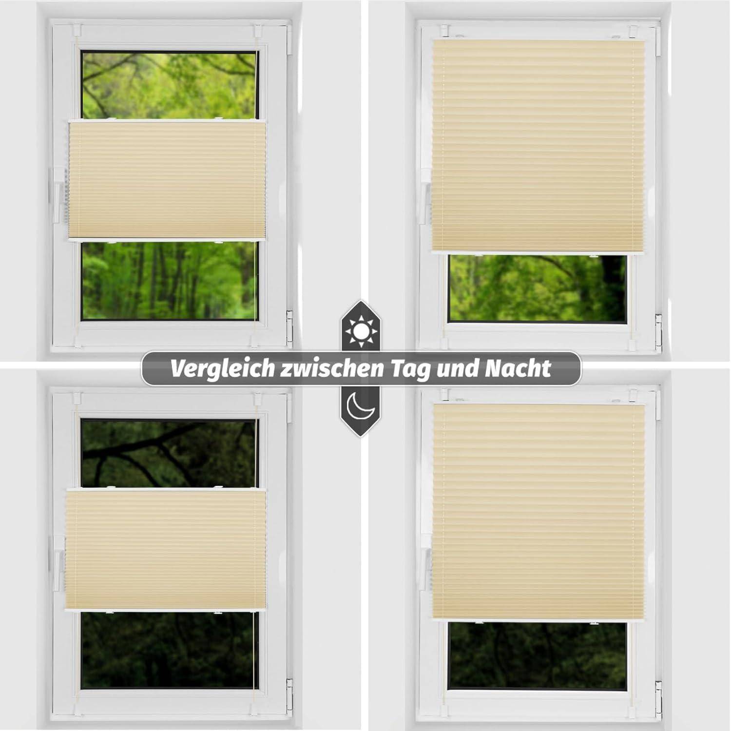 Ein Fenster mit einem beigen Jalousie, teilweise und vollständig geschlossen, das einen Lichtregelungsvergleich zwischen Tag- und Nachteinstellungen zeigt.