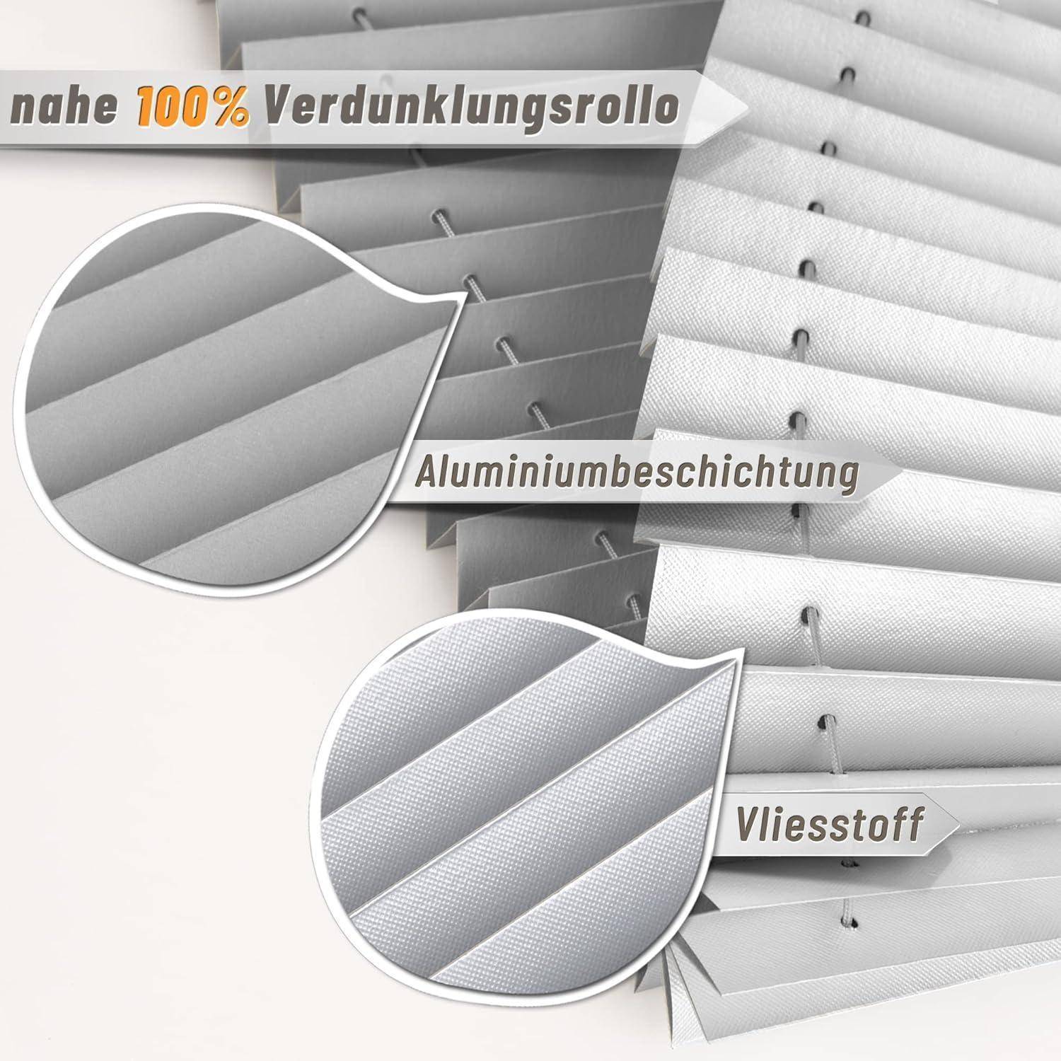 Nahaufnahme eines nahezu 100%igen Verdunkelungsvorhangs, der Aluminiumbeschichtung und Vliesstoff als Schlüsselmaterialien für effektive Lichtblockierung aufweist.