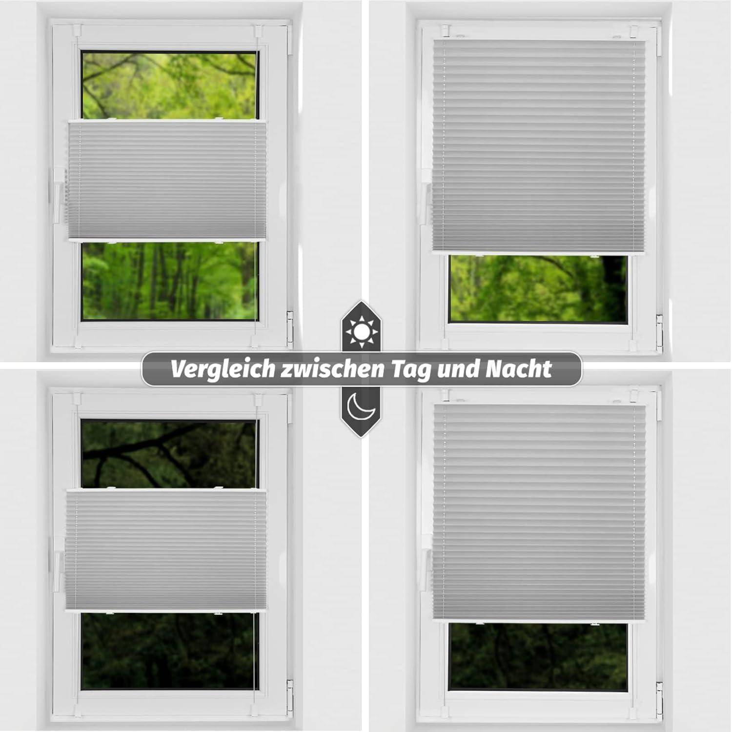 Vier Fenster mit Jalousien, links zur Hälfte geöffnet und rechts vollständig geschlossen. Text in der Mitte liest sich: 