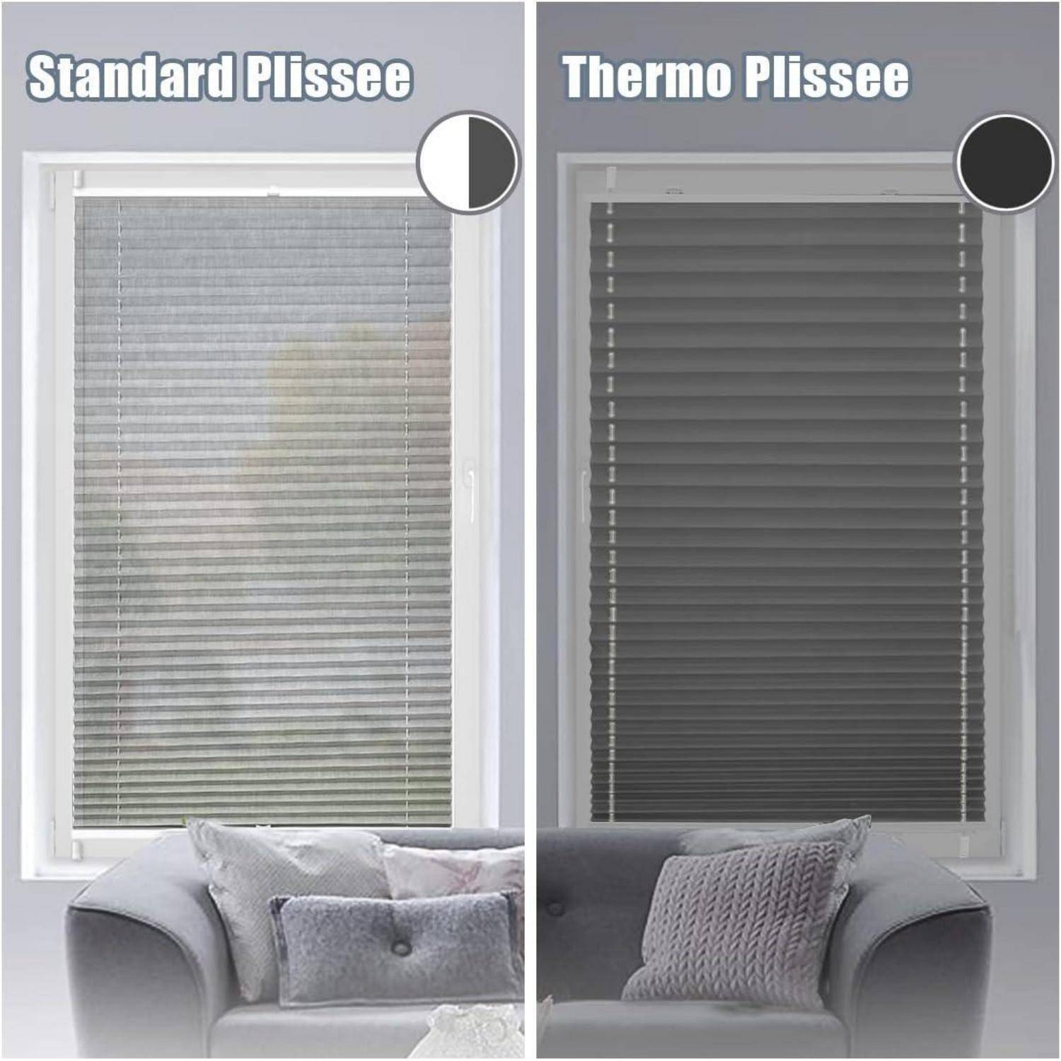 Vergleichsbild mit zwei Typen von Jalousien: 'Standard Plissee' links und 'Thermo Plissee' rechts.