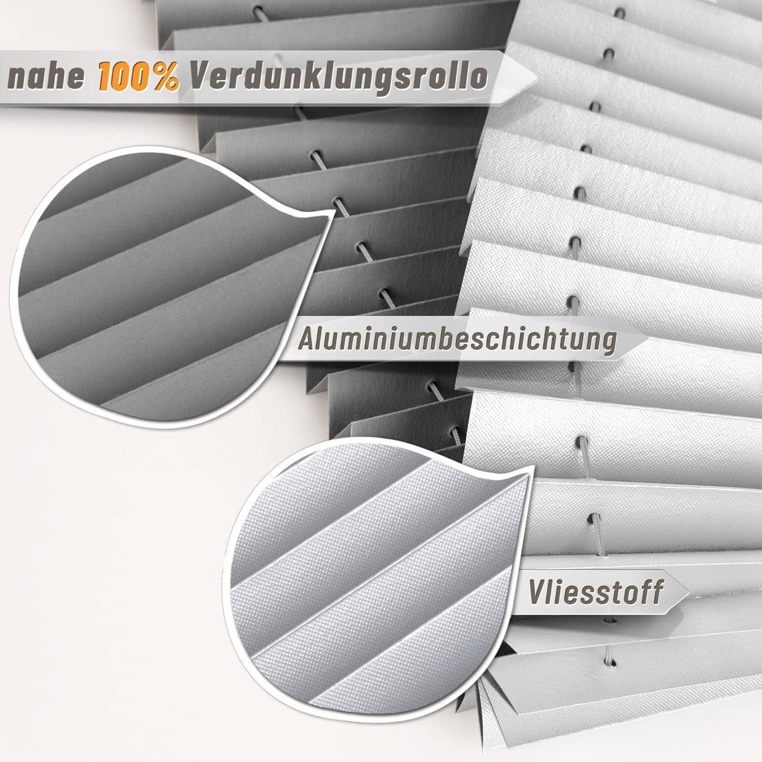 Nahaufnahme eines Vorhangs mit Fokus auf seine nahezu 100%ige Verdunkelungsfähigkeit. Highlights sind die 'Aluminiumbeschichtung' und der 'Vliesstoff'.