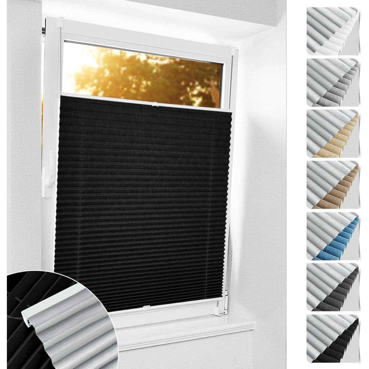 Ein Fenster mit einem teilweise geschlossenen schwarzen Plissee-Rollo. Rechts davon wird eine Auswahl verschiedener Farboptionen für den Rollo gezeigt.