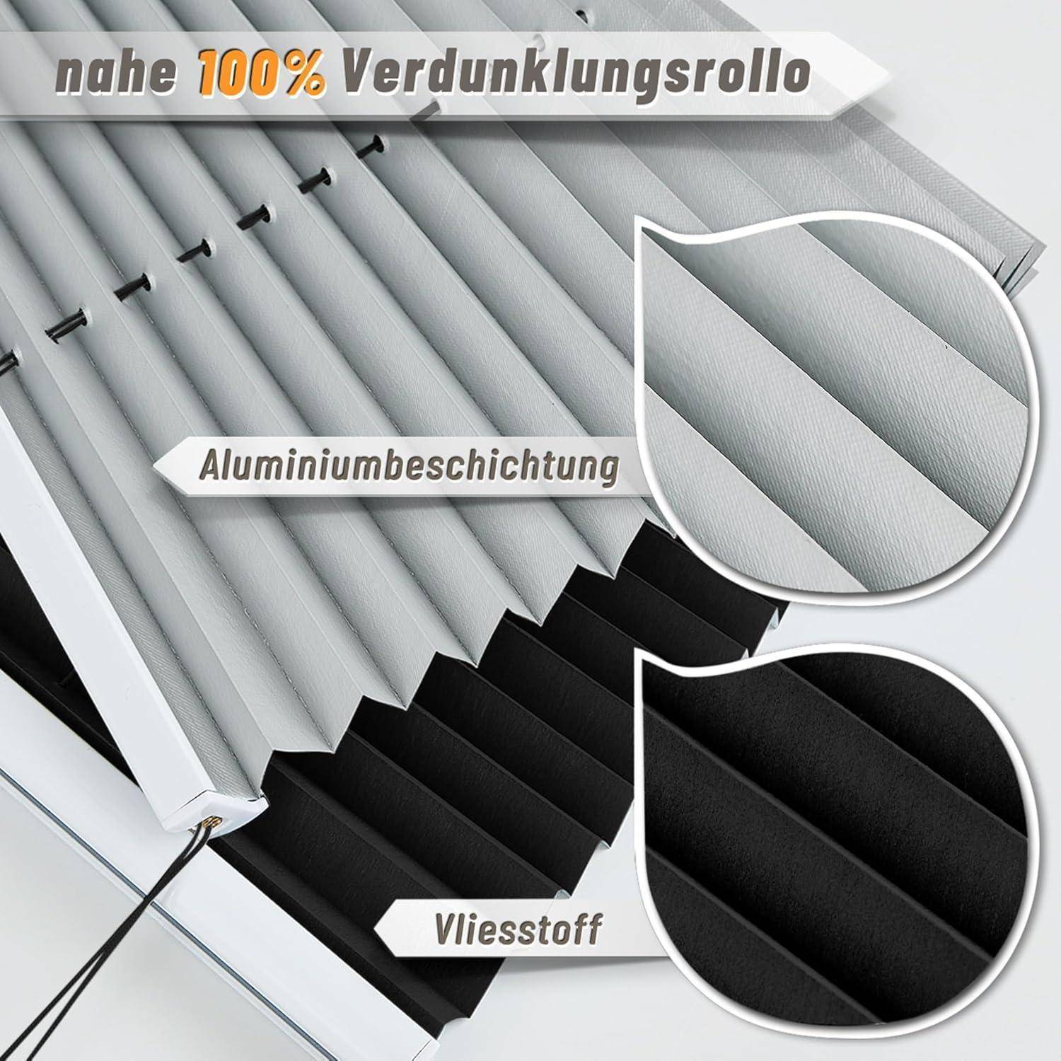 Verdunkelungsrollo mit nahezu 100%iger Abdunkelung mit Aluminiumbeschichtung und Vliesstoffschichten, in Nahaufnahme-Ausschnitten dargestellt.