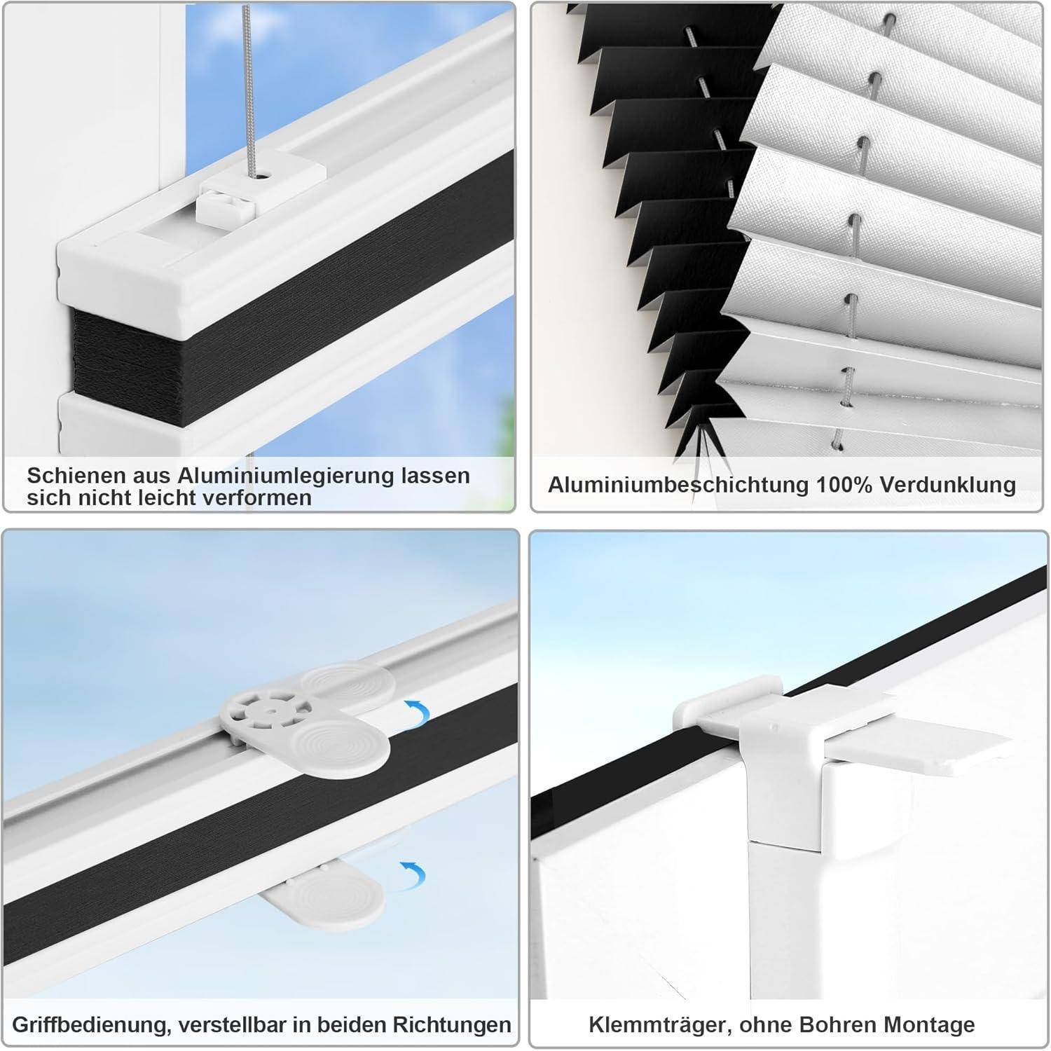 Oben links: Aluminiumschienen widerstehen Verformung. Oben rechts: Aluminiumüberzug bietet 100% Verdunkelung. Unten links: Verstellbare Handhabung. Unten rechts: Cliphalterung, keine Bohrlöcher erforderlich.