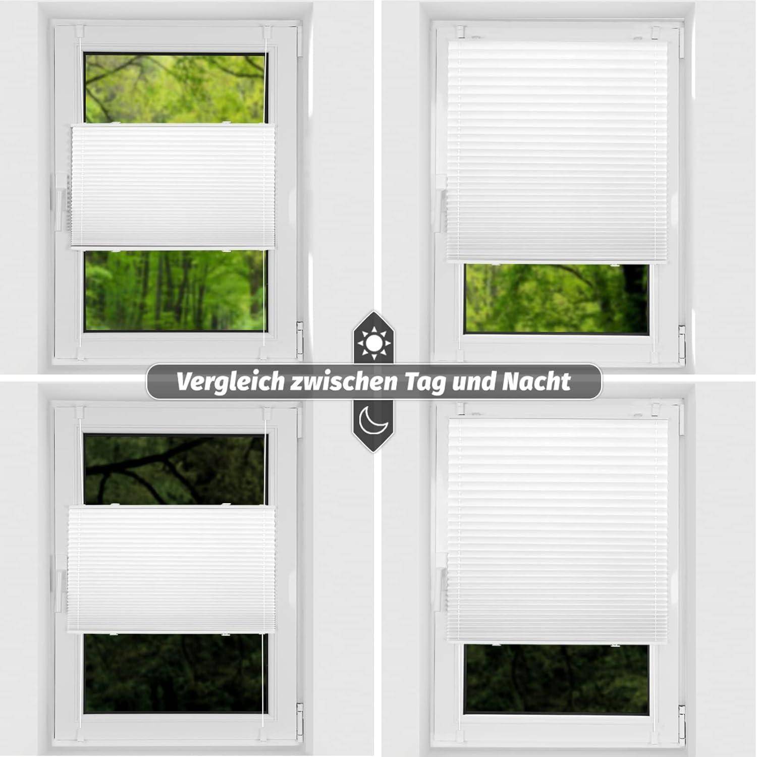 Das Bild zeigt zwei Fenster bei Tag und bei Nacht. Tagsüber ist natürliches Licht und Bäume draußen zu sehen; nachts herrschen dunkle Umgebung und heruntergelassene Jalousien.