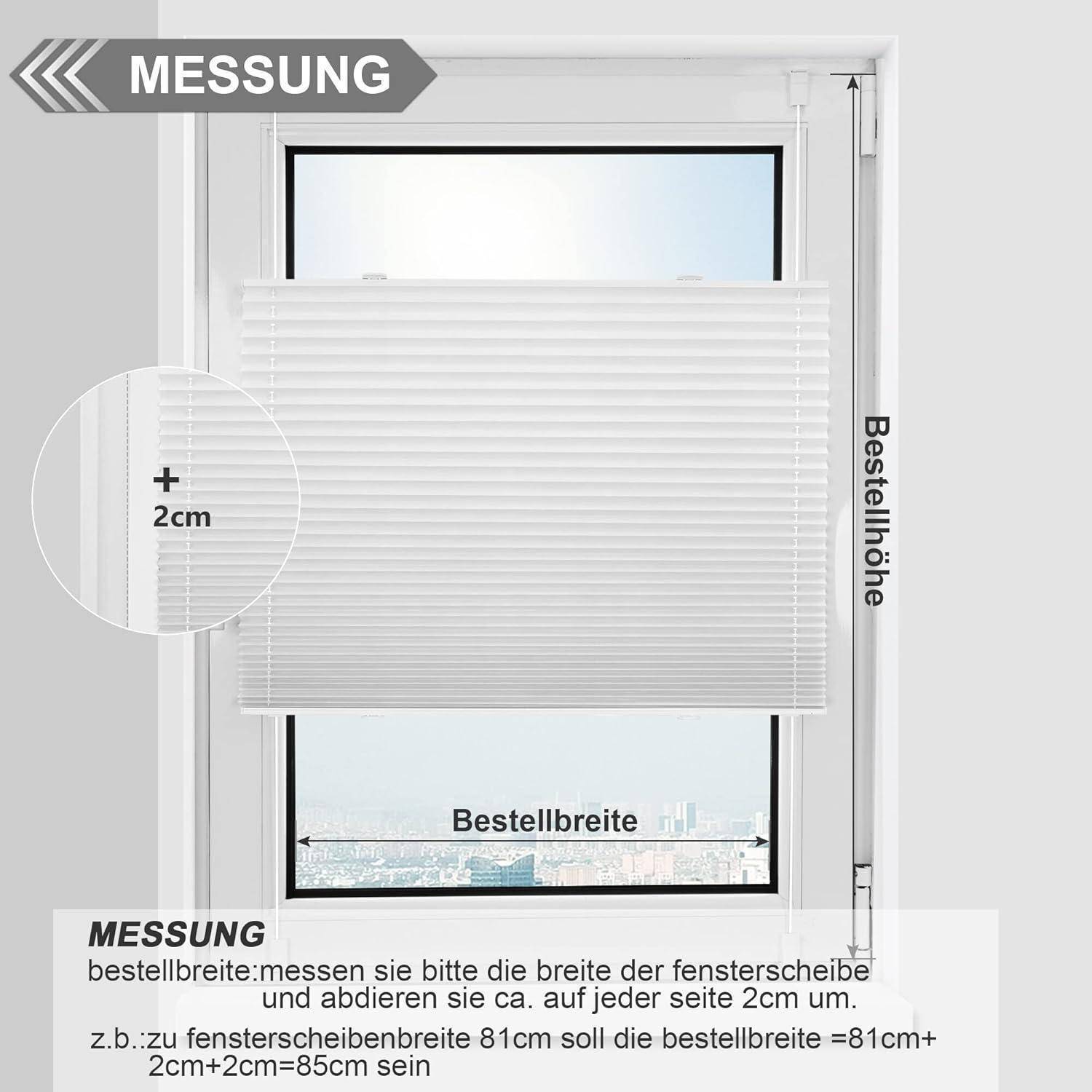 Fenster mit horizontal geöffneten Jalousien, die veranschaulichen, wie Breite und Höhe für die Bestellung gemessen werden. Text auf Deutsch erklärt die Messungen.