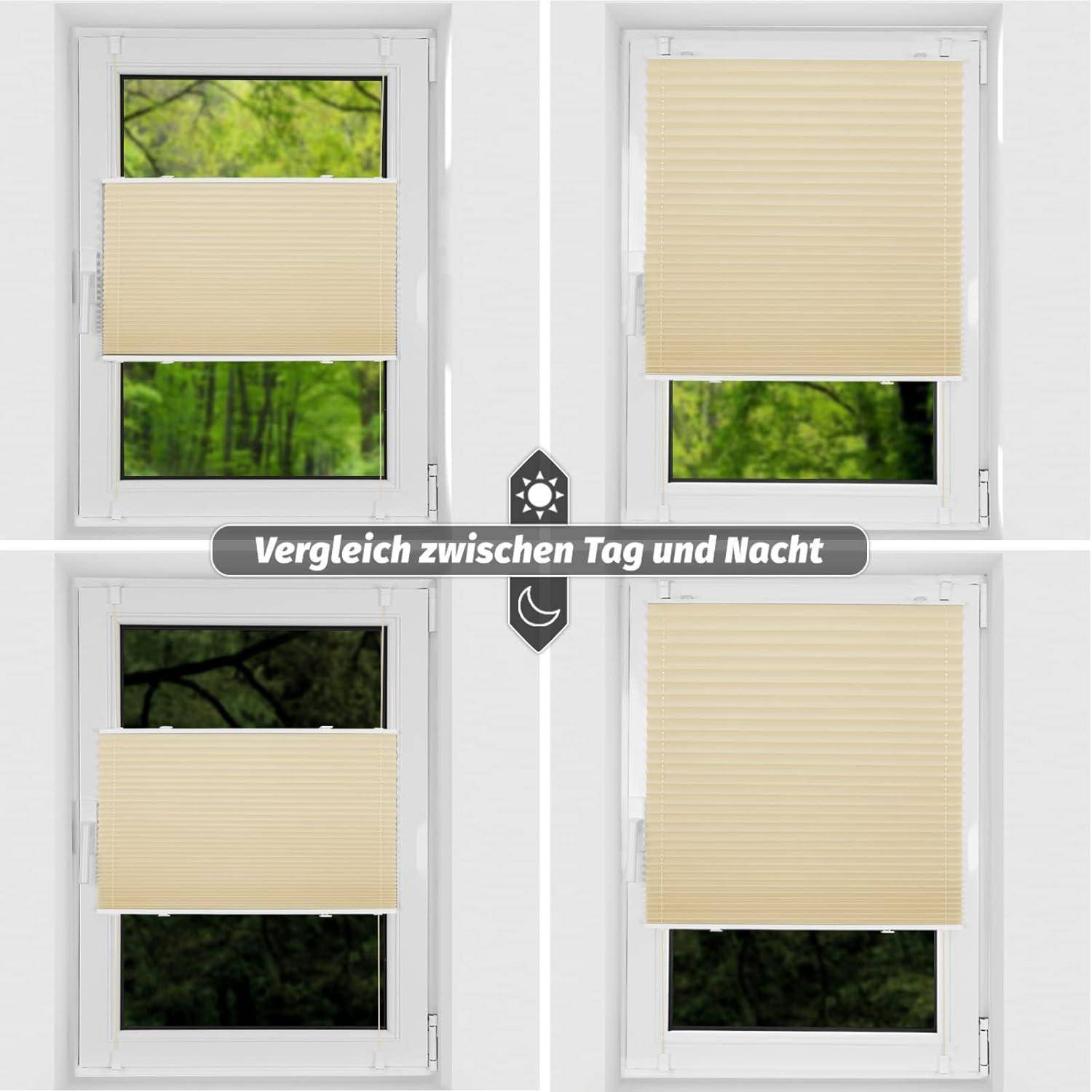 Vier Fensterbilder zeigen Jalousien in verschiedenen Positionen und Transparenzen und demonstrieren den Unterschied zwischen Lichtfilterung bei Tag und Nacht.