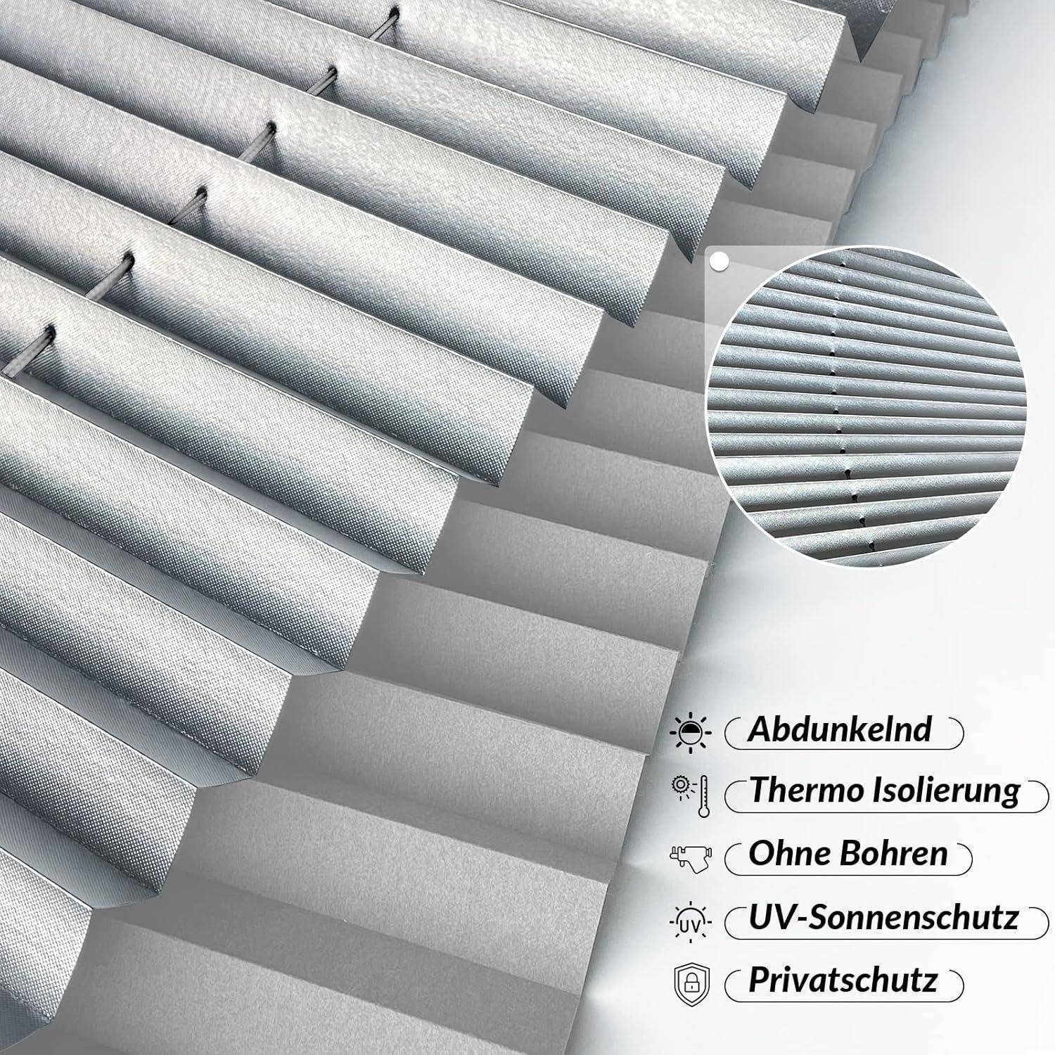 Nahaufnahme von silbergrauen horizontalen Jalousien mit einem kreisförmigen Ausschnitt, der Details hervorhebt, wie Beschattung, Isolierung und UV-Schutz.