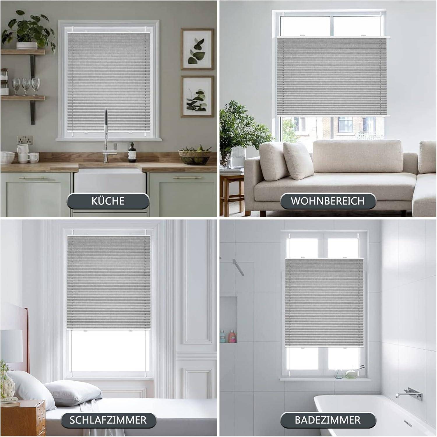 Vier Bilder zeigen graue Jalousien in verschiedenen Räumen: 'KÜCHE' (Küche), 'WOHNBEREICH' (Wohnzimmer), 'SCHLAFZIMMER' (Schlafzimmer), 'BADEZIMMER' (Badezimmer). Jeder Raum ist mit passender Dekoration gestaltet.