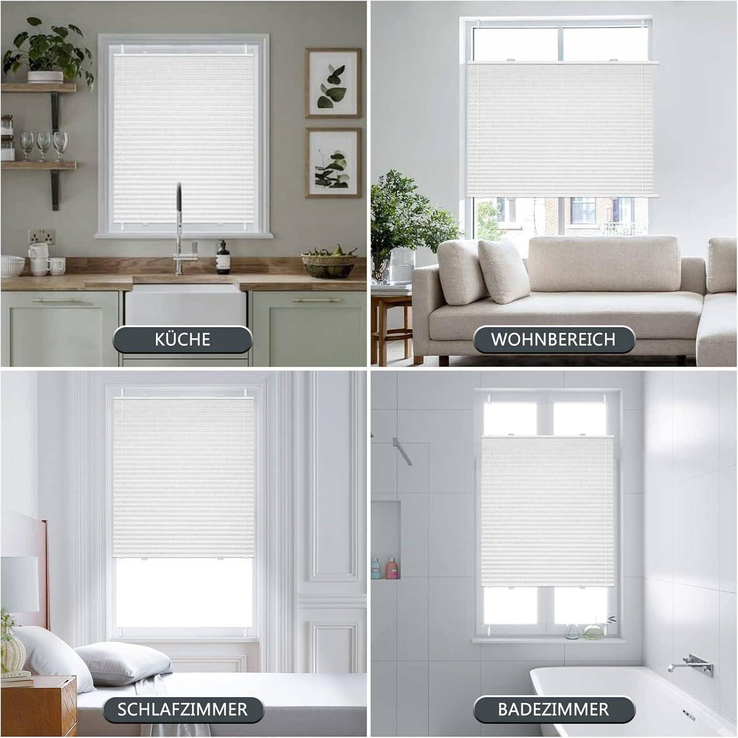 Vier Bilder von Räumen mit helltonigen Jalousien mit den Überschriften 'Küche', 'Wohnbereich', 'Schlafzimmer', 'Badezimmer'. Jeder Raum zeigt ein Fenster mit ähnlichen Jalousien und unterschiedlicher Raumgestaltung.
