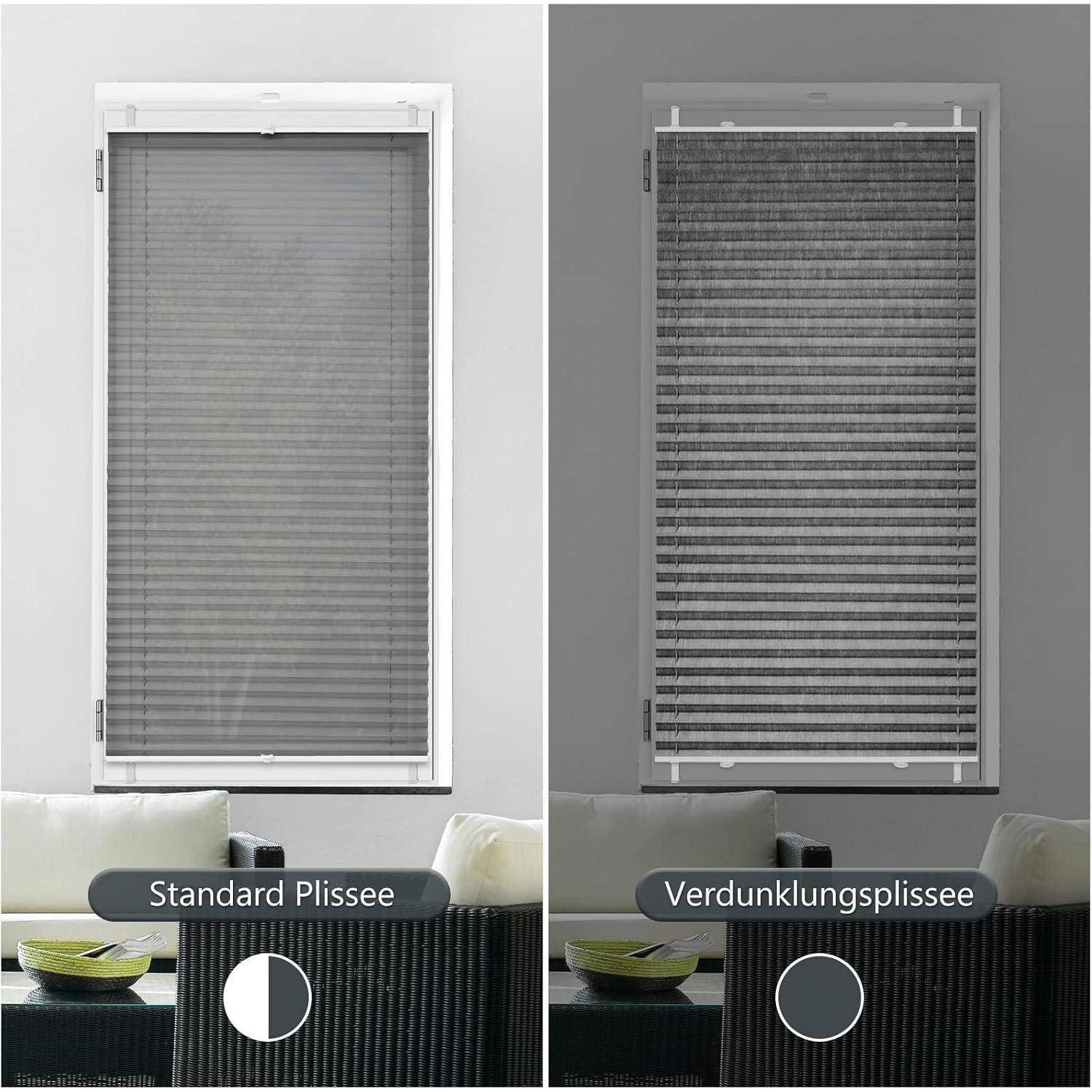Zwei nebeneinander liegende Fenster zeigen verschiedene Plissees. Links: 'Standard Plissee' mit Lichtdurchlässigkeit. Rechts: 'Verdunklungsplissee' mit Verdunkelungseffekt.