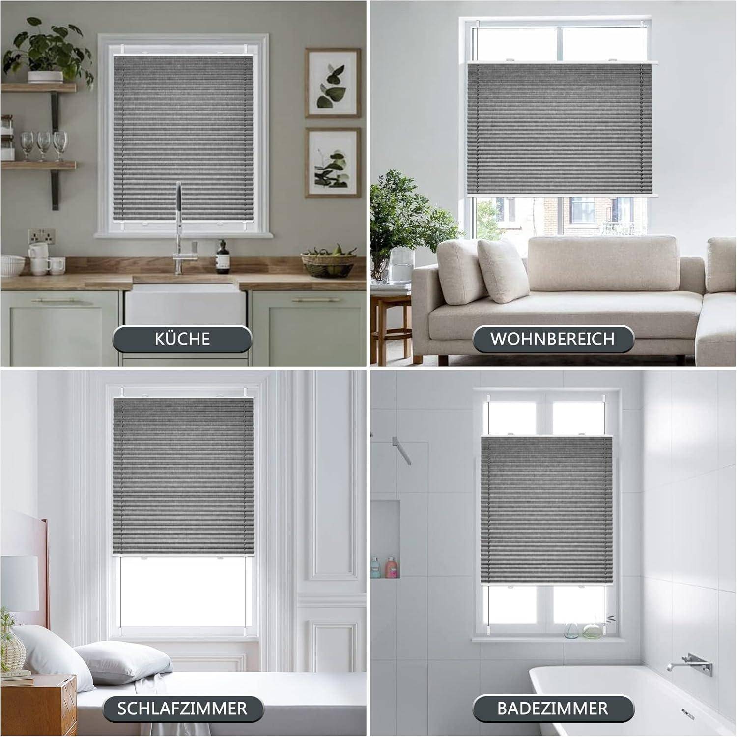 Vier Bilder, die Räume mit grauen Fenstervorhängen zeigen: Küche, Wohnbereich, Schlafzimmer und Badezimmer. Jeder Raum verfügt über eine neutrale Einrichtung.