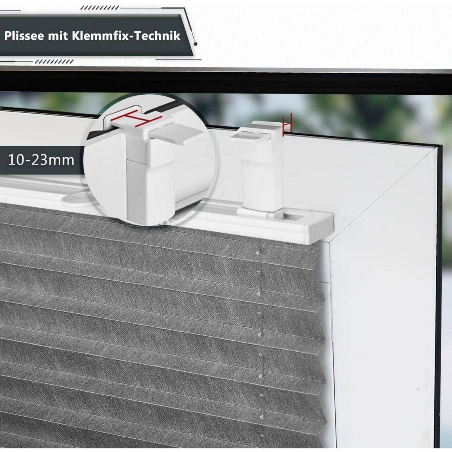 Installationsdiagramm eines Plissees mit Klemmtechnologie, das eine verstellbare Klemmvorrichtung am Fensterrahmen zeigt, gekennzeichnet mit '10-23 mm'.