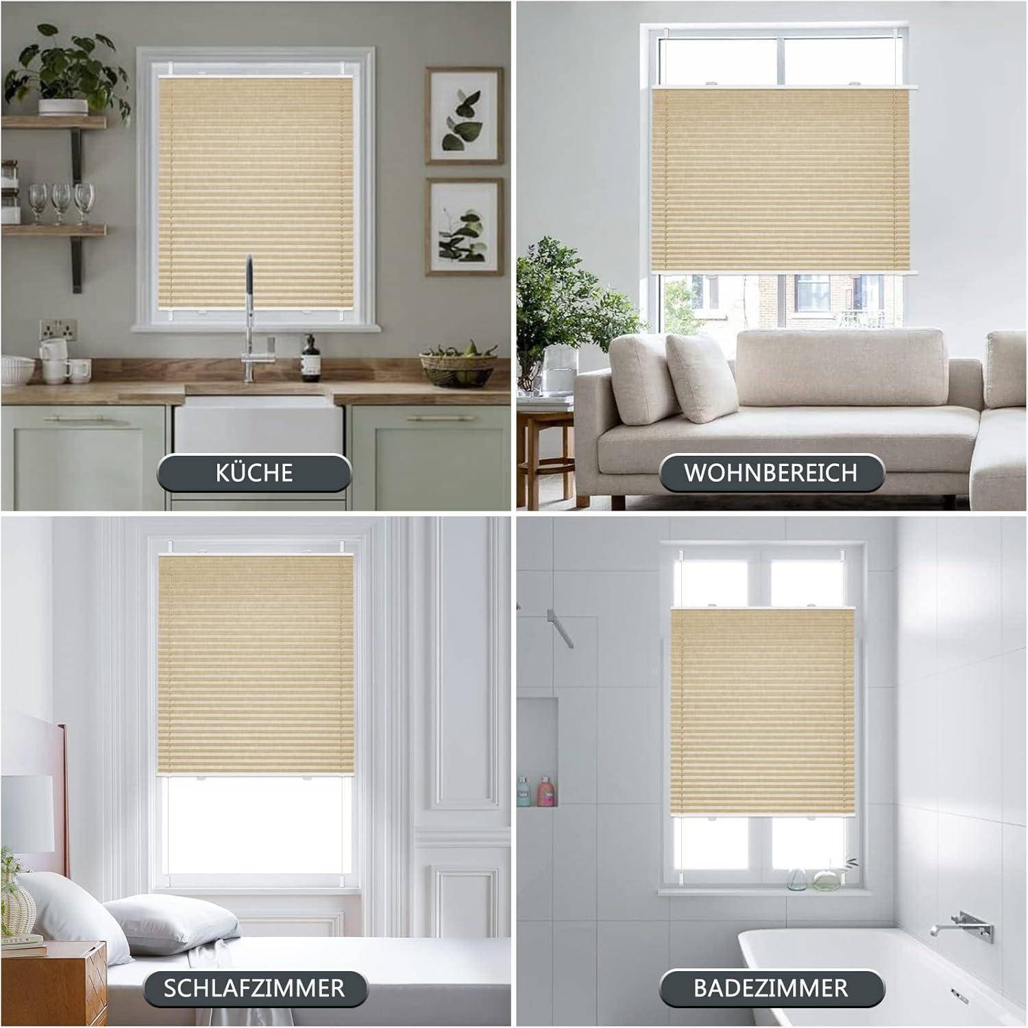 Vier Räume verfügen über beige Jalousien: Küche mit grünen Pflanzen, Wohnbereich mit einem Sofa, Schlafzimmer mit einem Bett, Badezimmer mit Fliesen.
