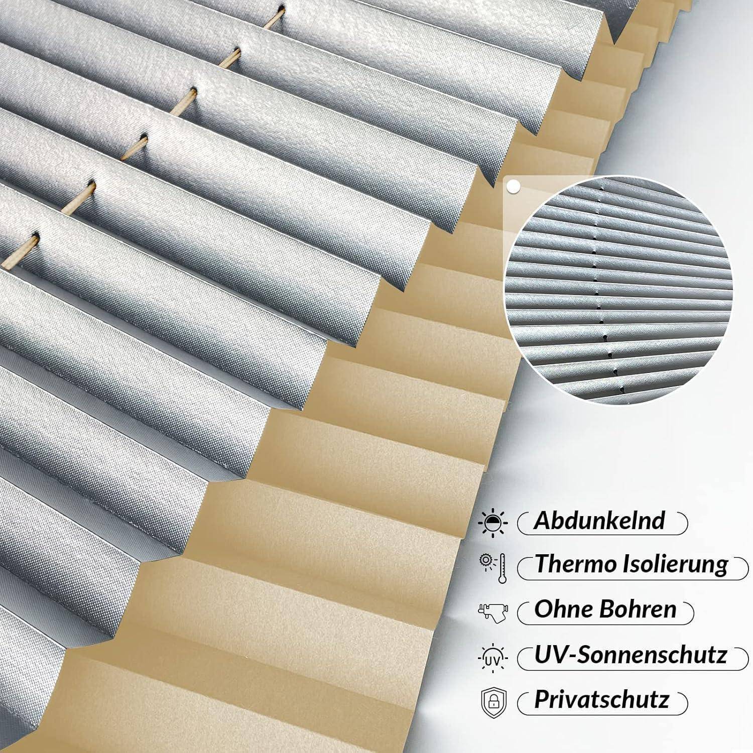 Nahaufnahme von Doppelrollo mit licht- und wärmeisolierenden Eigenschaften. Icons zeigen 'Verdunkelung', 'Wärmedämmung', 'UV-Schutz' und 'Privatsphäre'.
