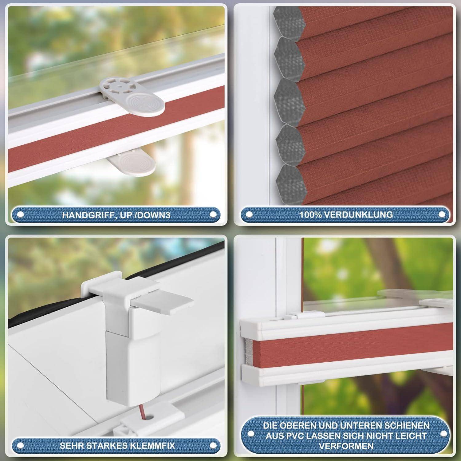 Handgriff, HOCH / RUNTER3' Steuerung, '100% Verdunkelung' Funktion, 'Sehr starkes Klemmfix', flexible obere und untere PVC-Schienen im Rollo.