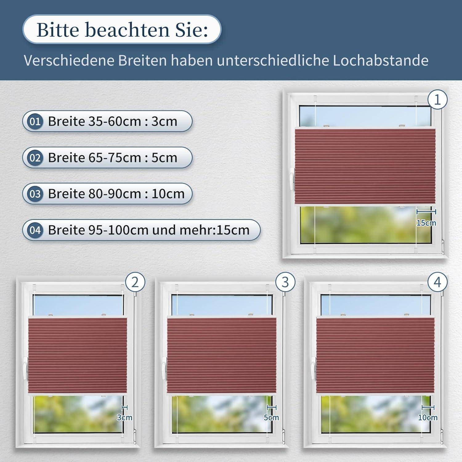 Diagramm zeigt vier Fensterrahmen mit unterschiedlichen Jalousiebreiten: 35-60 cm, 65-75 cm, 80-90 cm und 95-100 cm, mit zunehmender Lochabstand.