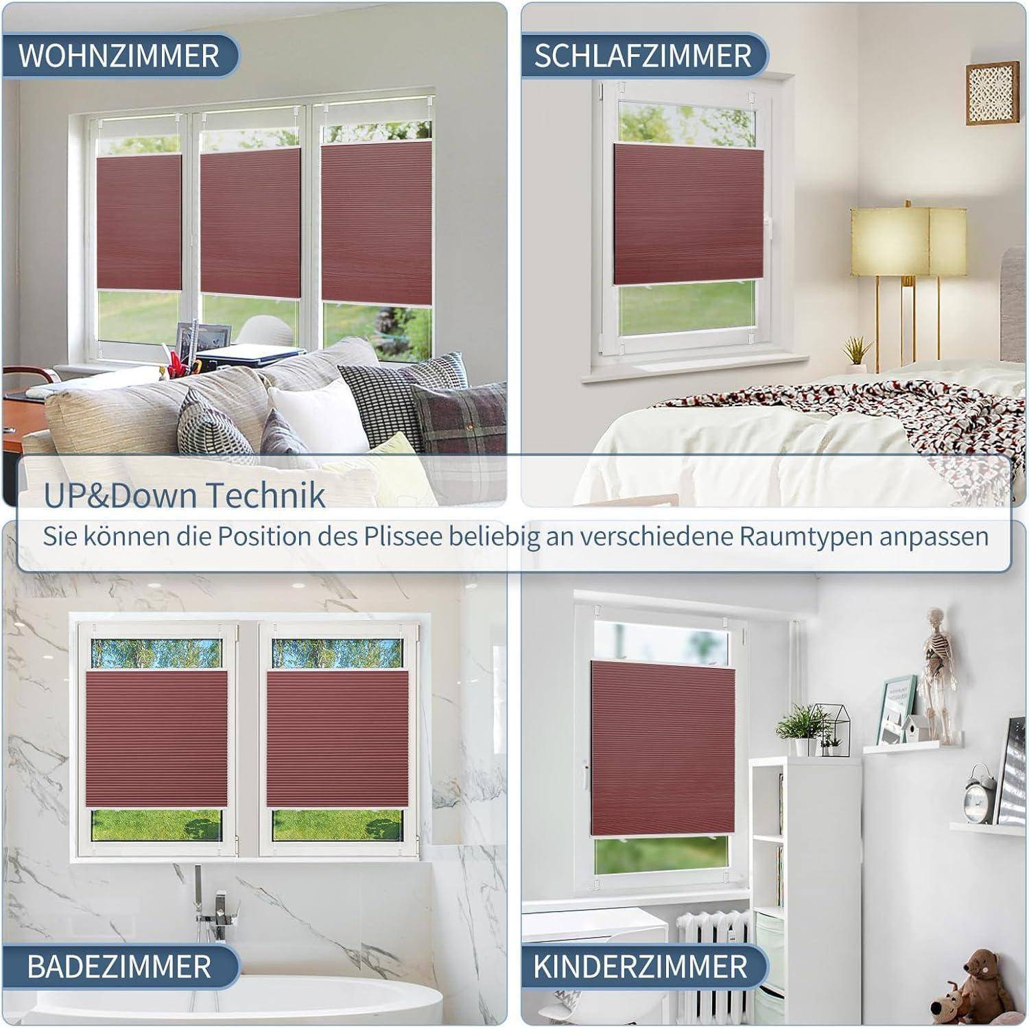 Bild mit verschiedenen Räumen, die rote Jalousien haben: Wohnzimmer, Schlafzimmer, Badezimmer und Kinderzimmer. Text liest "UP&Down Technik"" und deutet auf vielseitige Platzierungsmöglichkeiten hin.