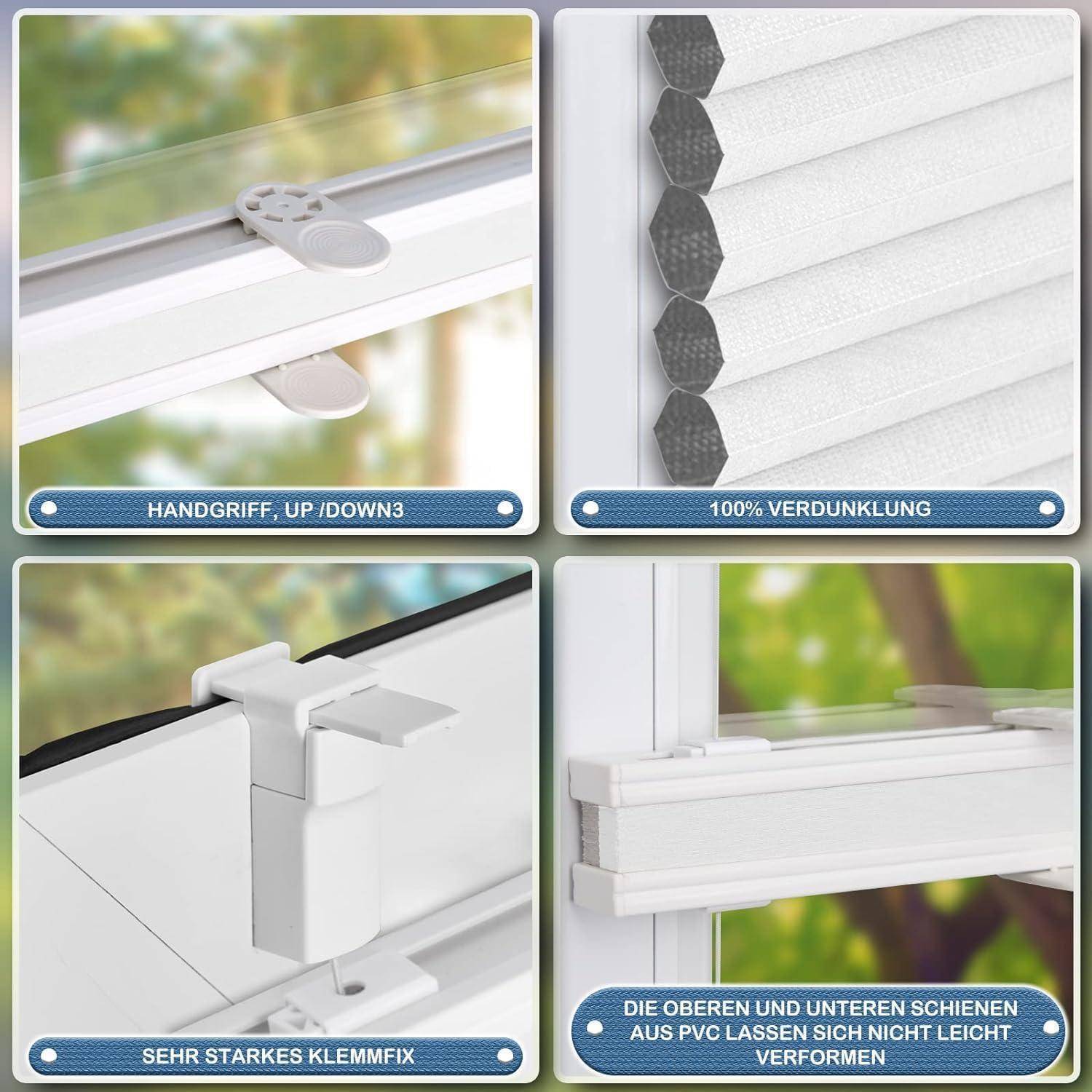 Verdunklungsplissee Wabenplissee ohne Bohren Weiß-weiß B85 x H90 cm