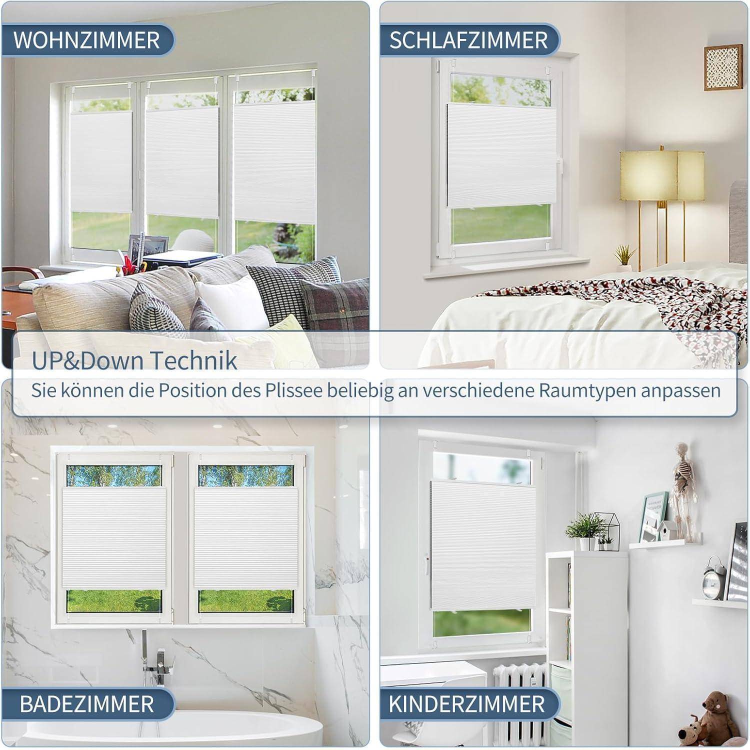 Raster aus vier Räumen mit Fenstern, die Plissee-Jalousien zeigen: 'Wohnzimmer', 'Schlafzimmer', 'Badezimmer', 'Kinderzimmer'. Text: 'UP&Down Technik'.