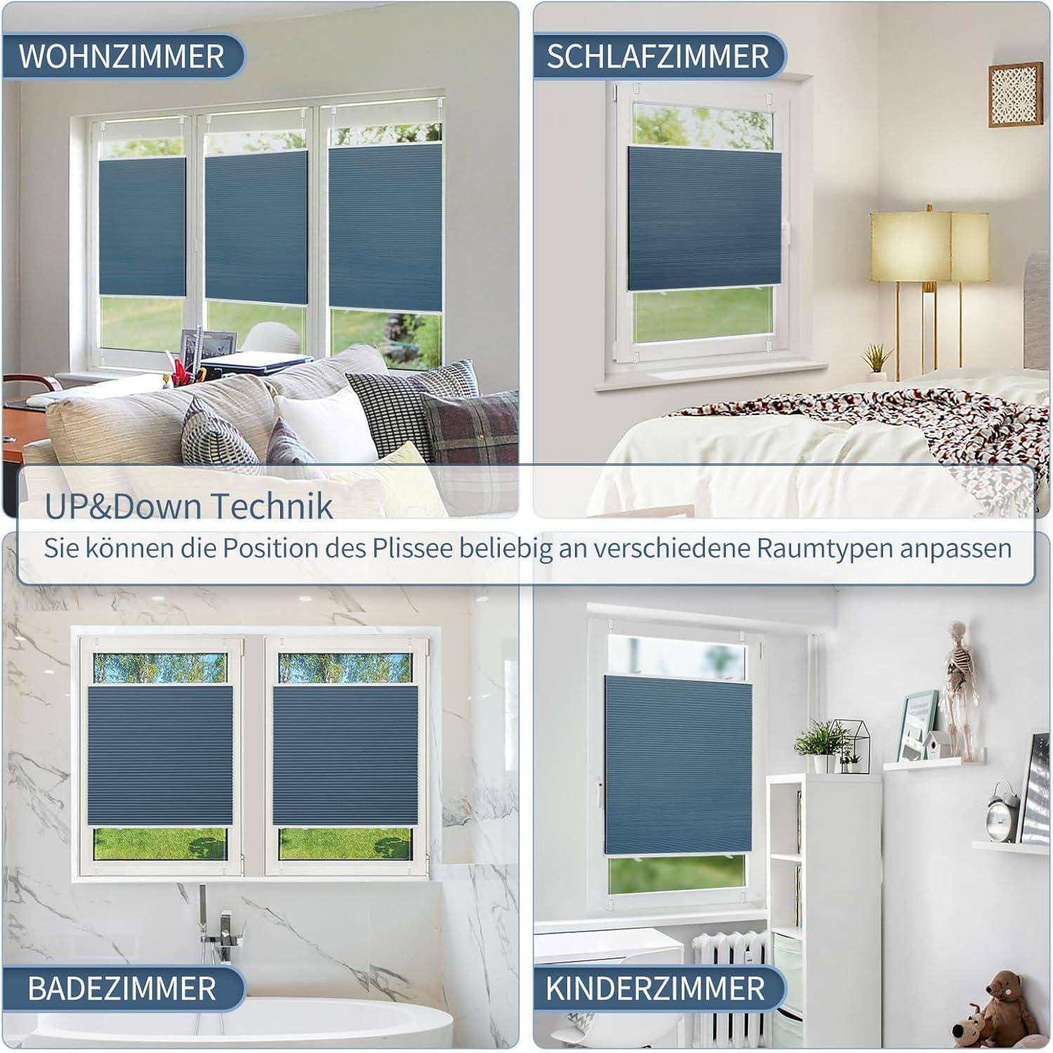 Das Bild zeigt vier Räume - Wohnzimmer, Schlafzimmer, Badezimmer und Kinderzimmer - wobei jeder Raum Plissee-Jalousien an den Fenstern hat, die verstellbar sind.