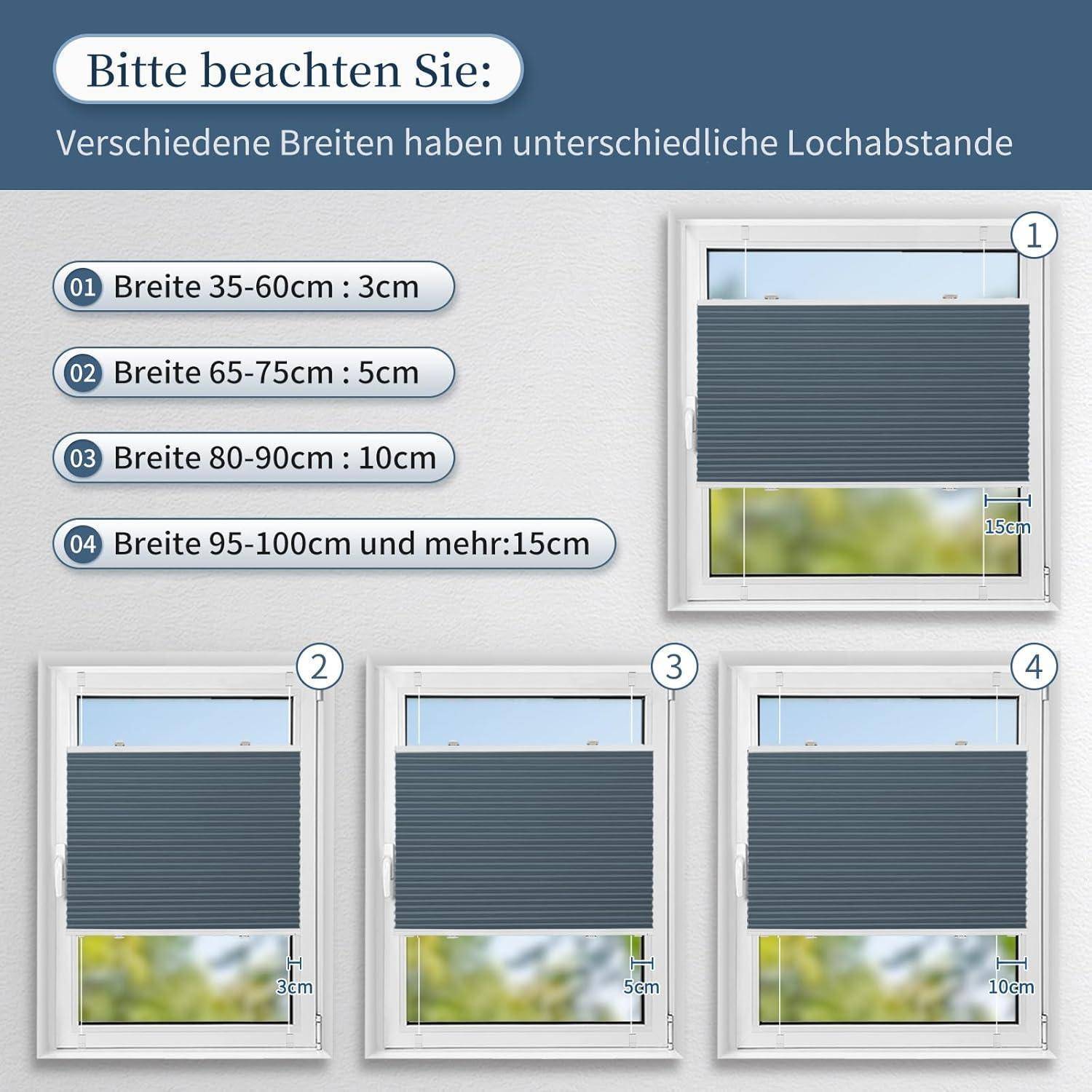 Bitte beachten Sie: zeigt Jalousien mit unterschiedlichen Breiten und Lochabständen: 3 cm für 35-60 cm, 5 cm für 65-75 cm, 10 cm für 80-90 cm und 15 cm für 95-100 cm+.