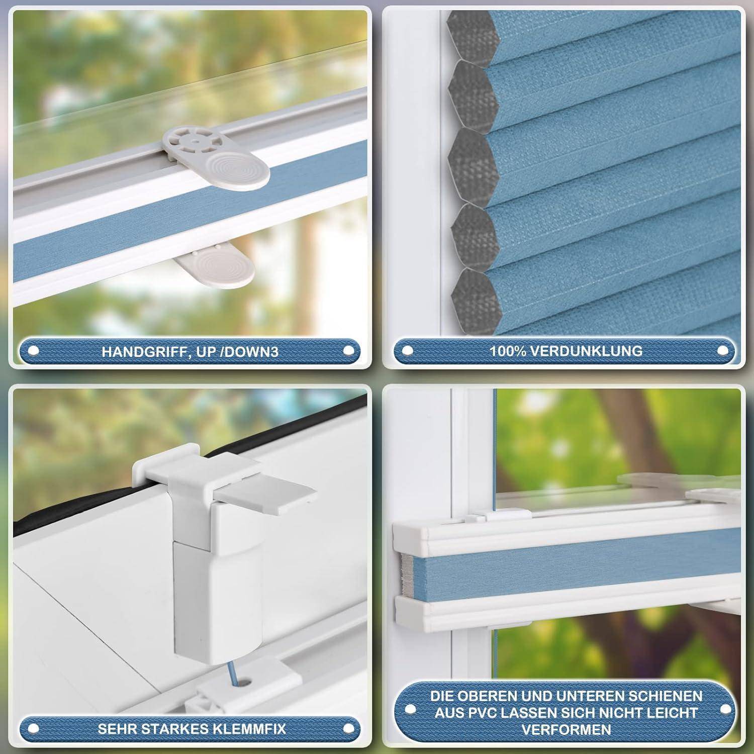 Das Bild zeigt Nahaufnahmen eines Fensters mit blauen Plissee-Jalousien: Die Griffgestaltung ist mit 'Handgriff, HOCH/RUNTER3' beschriftet, eine weitere Beschriftung lautet '100% Verdunklung', 'Sehr starkes Klemmfix' hebt die starke Klemmvorrichtung hervor, und die PVC-Kanten sind mit Text über Verformungsresistenz dargestellt.