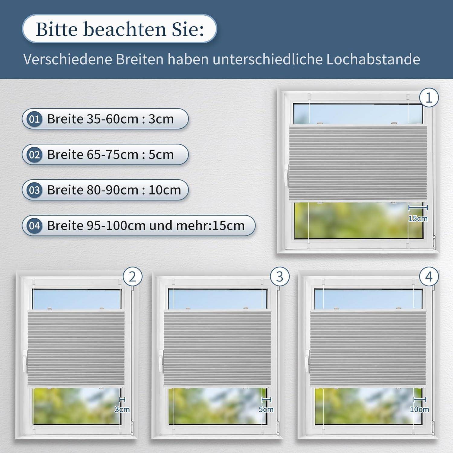 Diagramm zur Darstellung der Jalousie-Installation an Fenstern mit unterschiedlichen Breiten. Anweisungen: Breiten 35-60 cm (3 cm), 65-75 cm (5 cm), 80-90 cm (10 cm), 95-100 cm+ (15 cm).