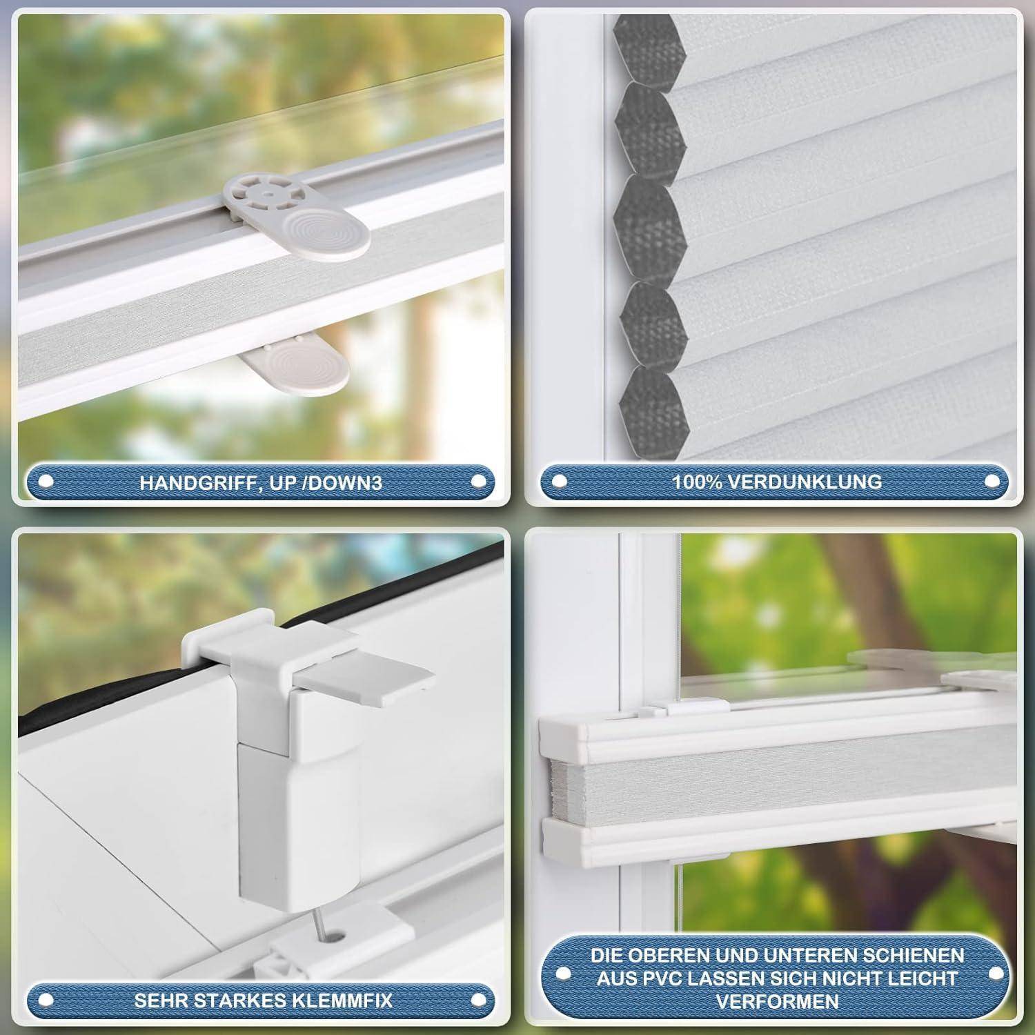Das Bild zeigt Details von Jalousien mit folgenden Merkmalen: Griff für Auf-/Ab-Bewegung, 100% Verdunkelung, starke Klemmvorrichtung und robuste PVC-Schienen.