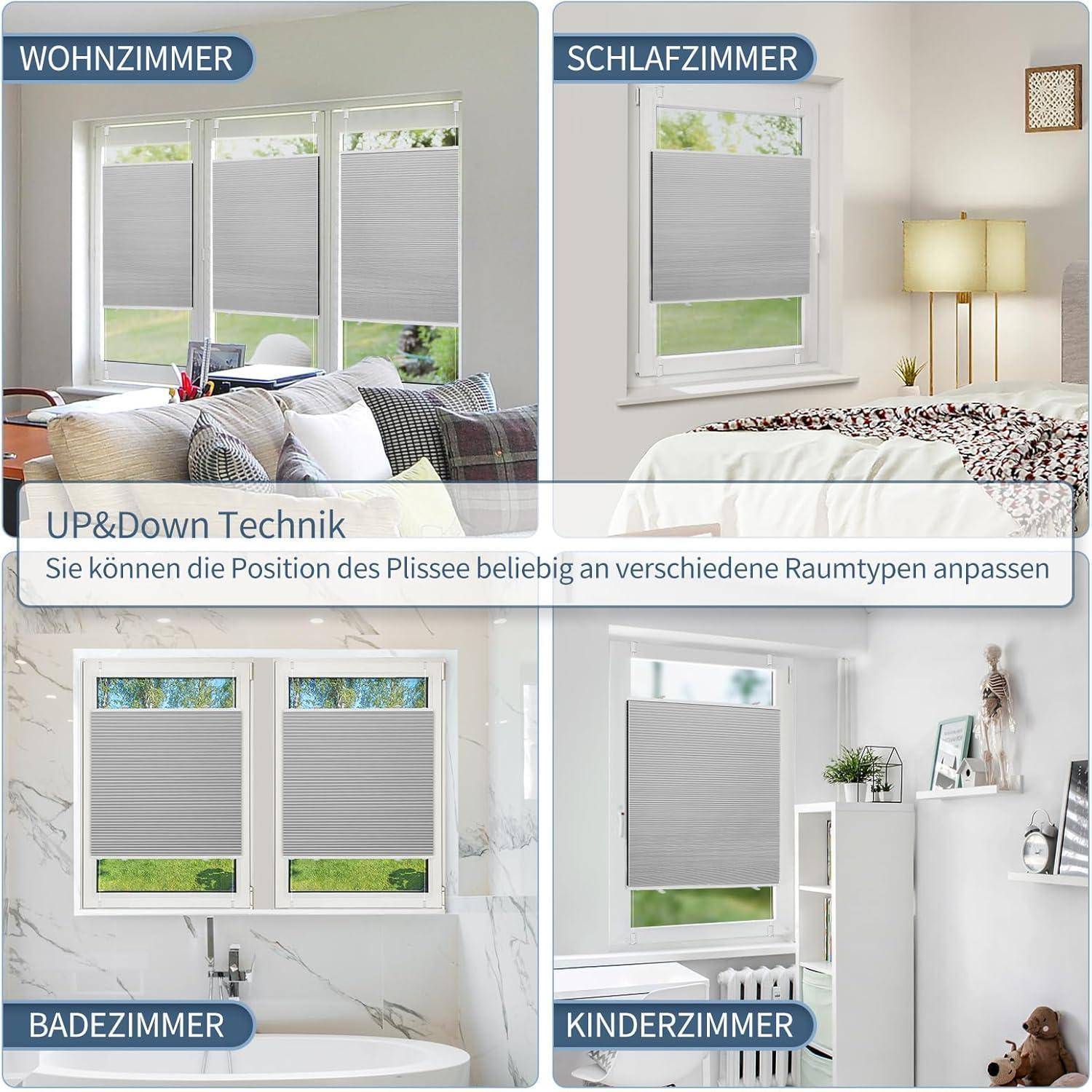 Vier Räume zeigen Fensterjalousien mit den Bezeichnungen 'Wohnzimmer', 'Schlafzimmer', 'Badezimmer', 'Kinderzimmer'. Der Text lautet 'UP&Down Technik' und erklärt die verstellbaren Jalousien-Positionen für verschiedene Raumtypen.