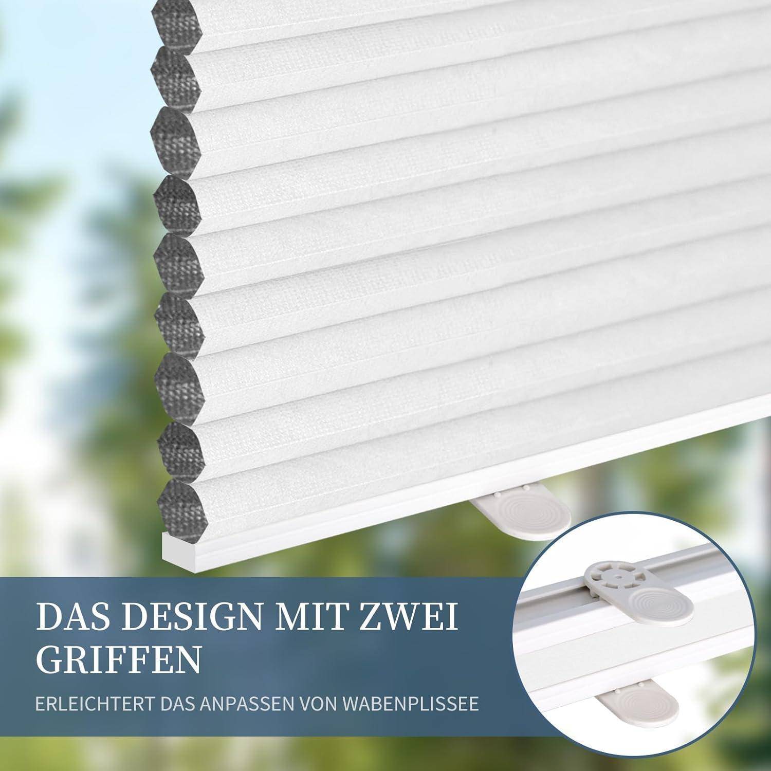 Eine Wabenjalousie mit einem Zweigriffsdesign wird gezeigt, wobei ihre einfache Verstellbarkeit hervorgehoben wird. Der Text lautet „Das Design mit zwei Griffen
