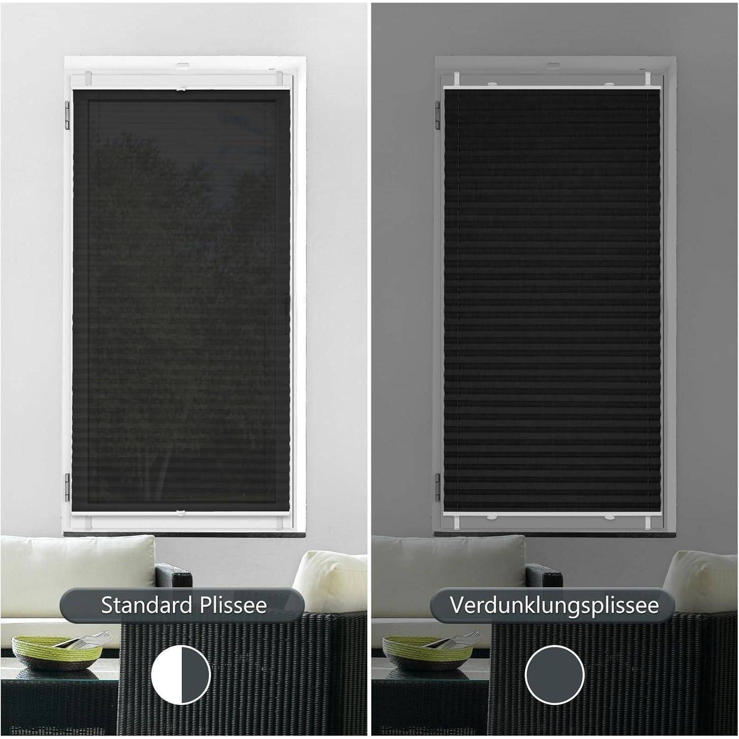 Ein geteiltes Bild vergleicht zwei Jalousien. Links ist ein 